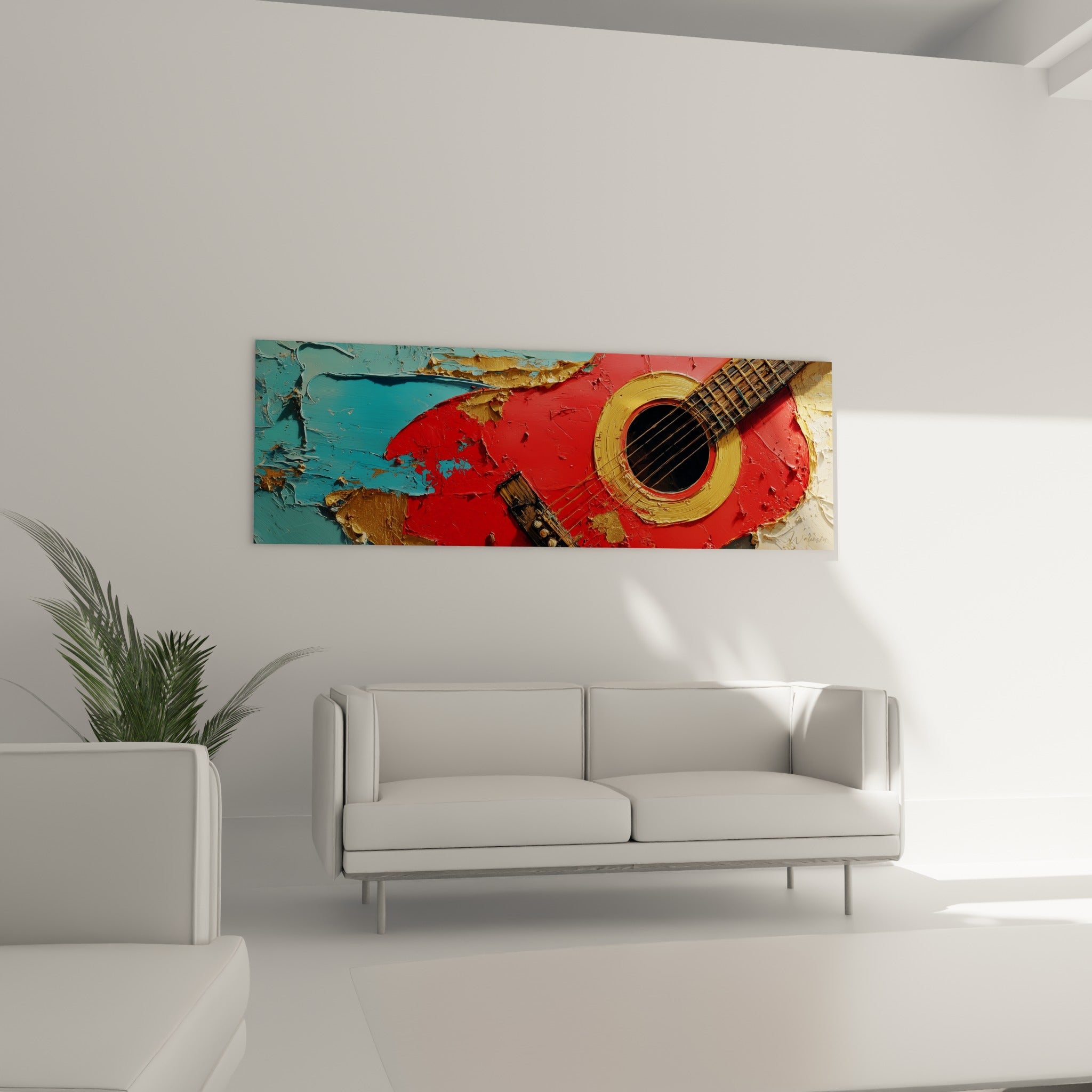 Instrument peint en rouge vif et or, contraste turquoise saisissant, au-dessus d'un canapé dans un salon lumineux