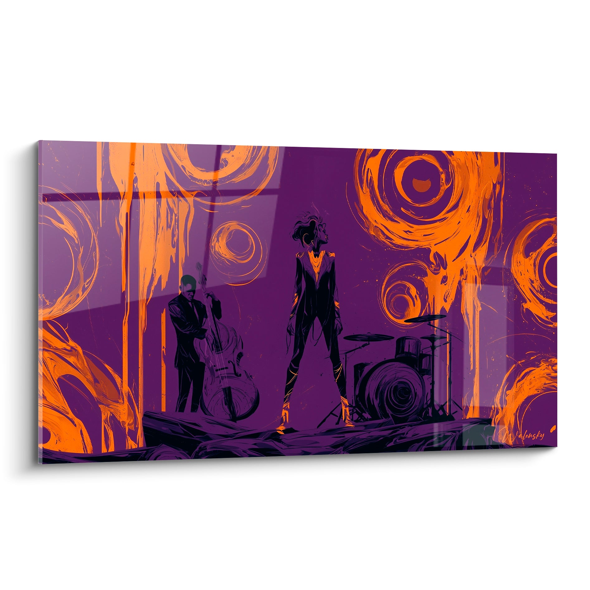 Chanteuse et contrebassiste en silhouettes noires sur fond violet et orange doré, scène de jazz stylisée