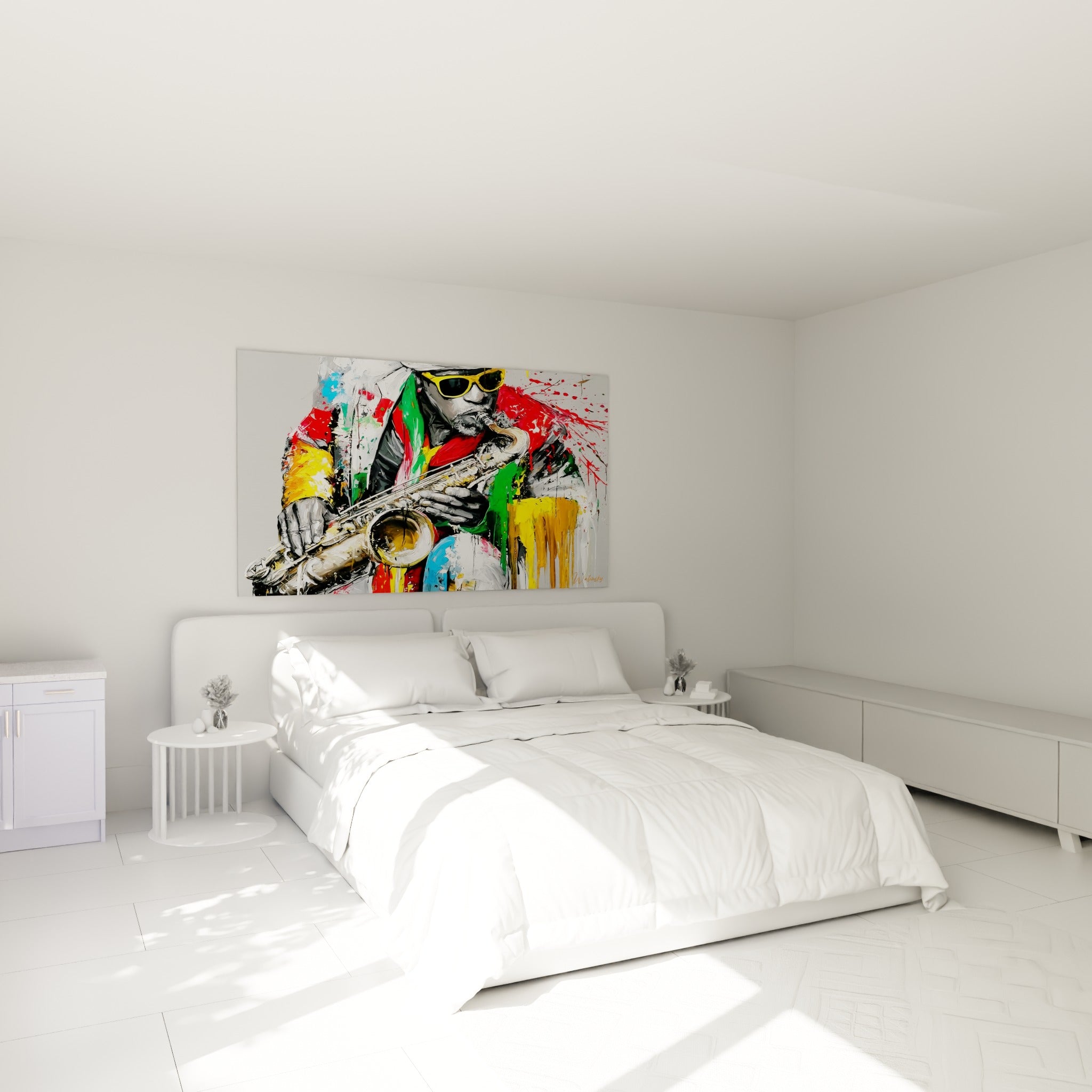 Saxophoniste Musique en rouge et jaune vif, au-dessus d'un lit dans une chambre claire