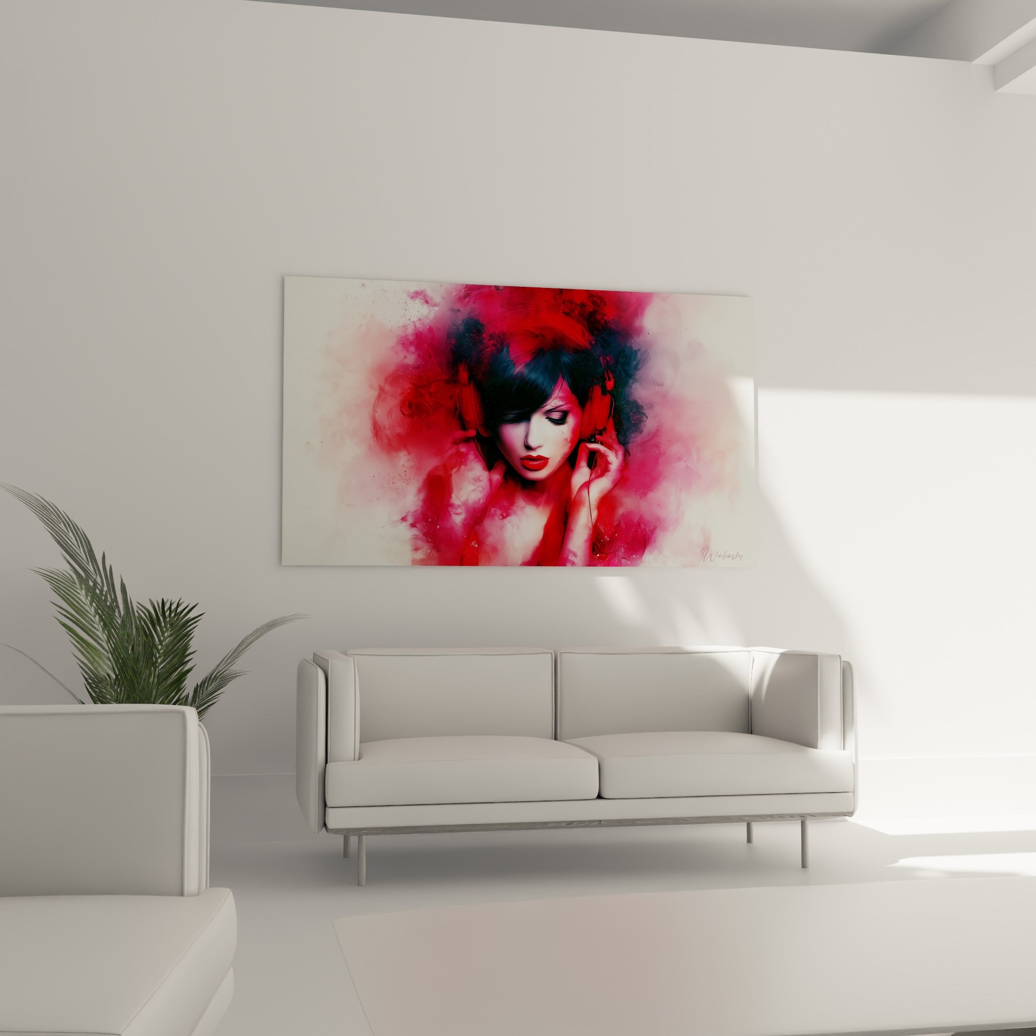 Visage aux lèvres rouges et casque carmin, tableau musique expressif au-dessus d'un canapé dans un salon lumineux