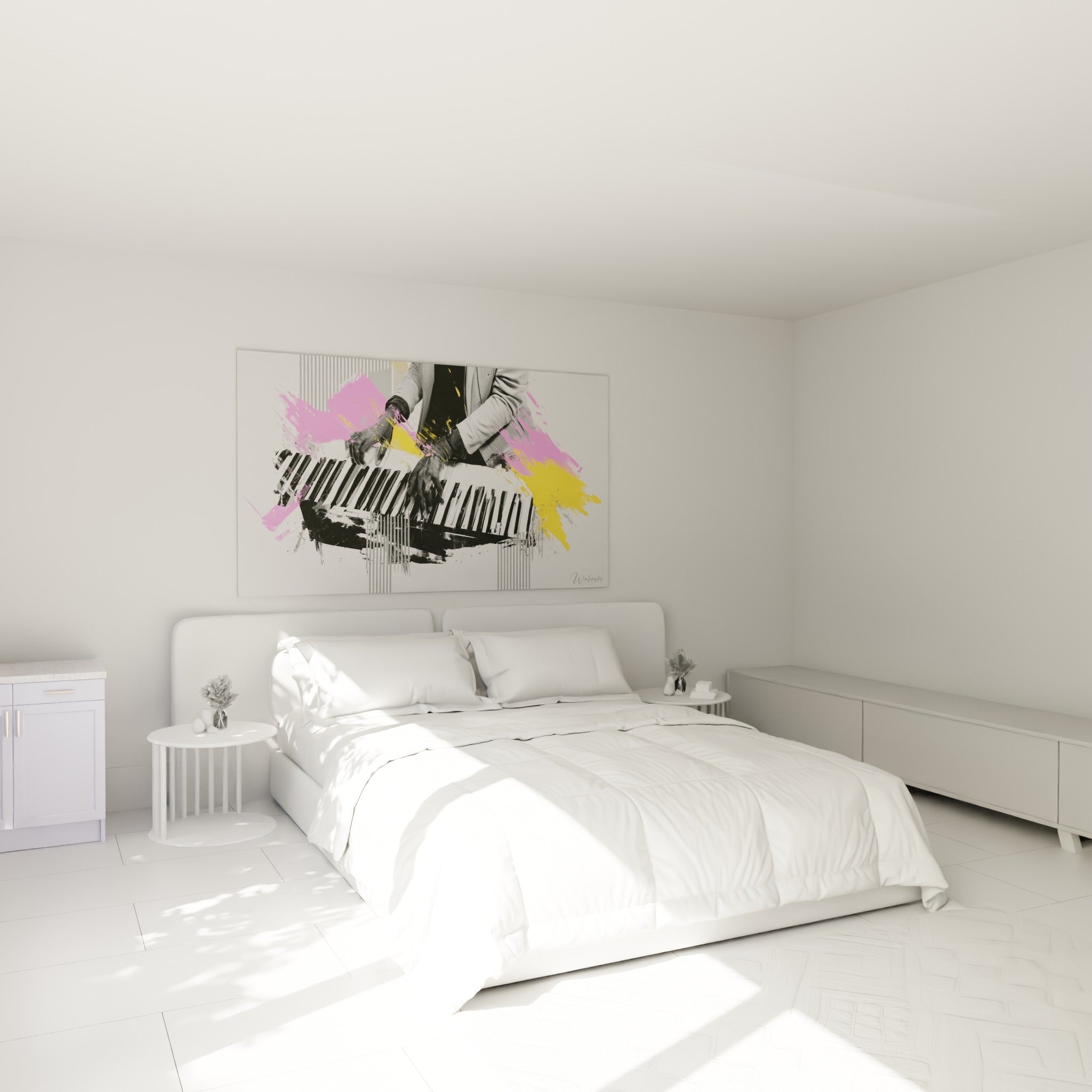 Mains gantées sur touches de piano avec éclats rose fuchsia et jaune moutarde au-dessus d'un lit dans une chambre claire