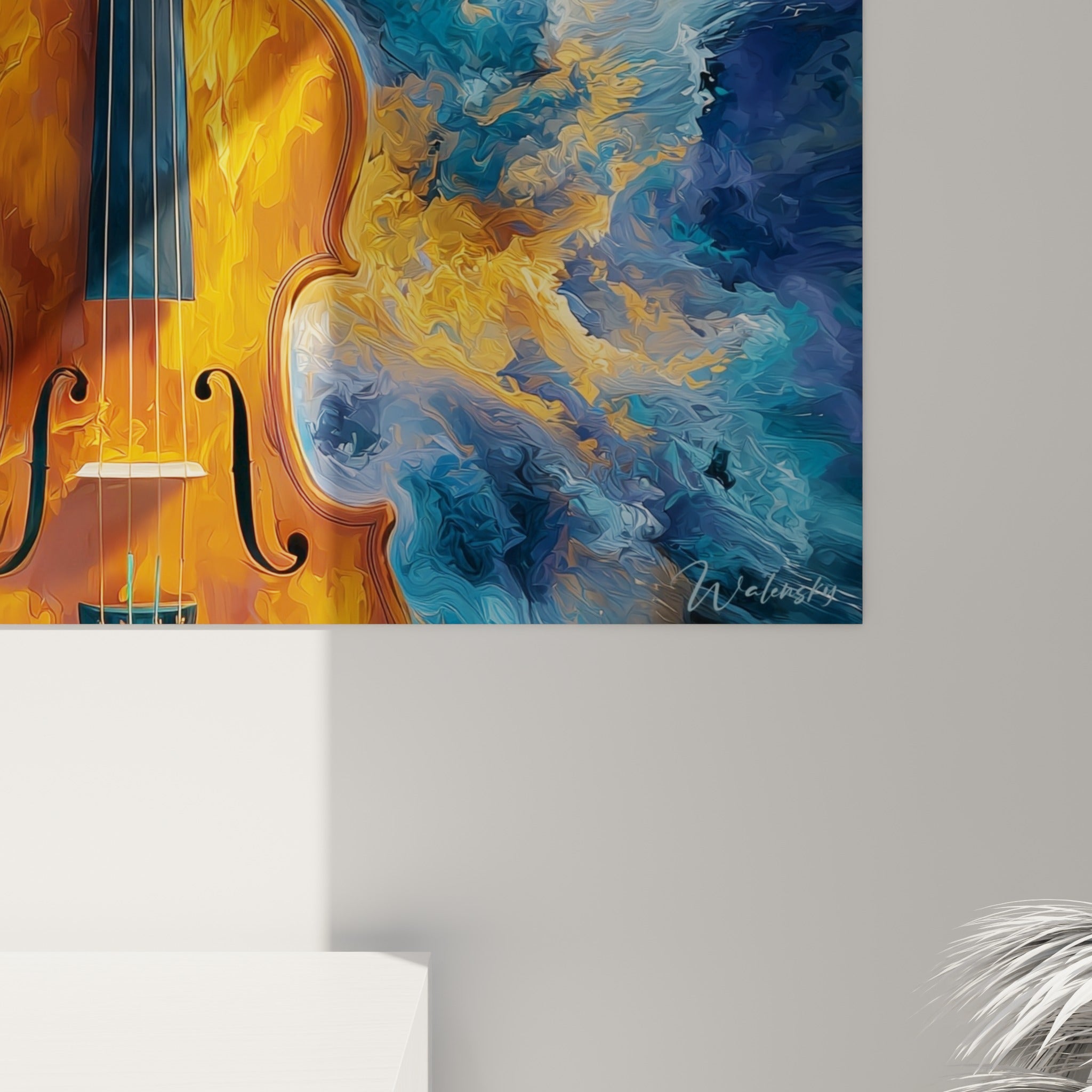 Empâtements orangés et coulures bleu cobalt se mêlant en surface, grain visible de la matière picturale du violon