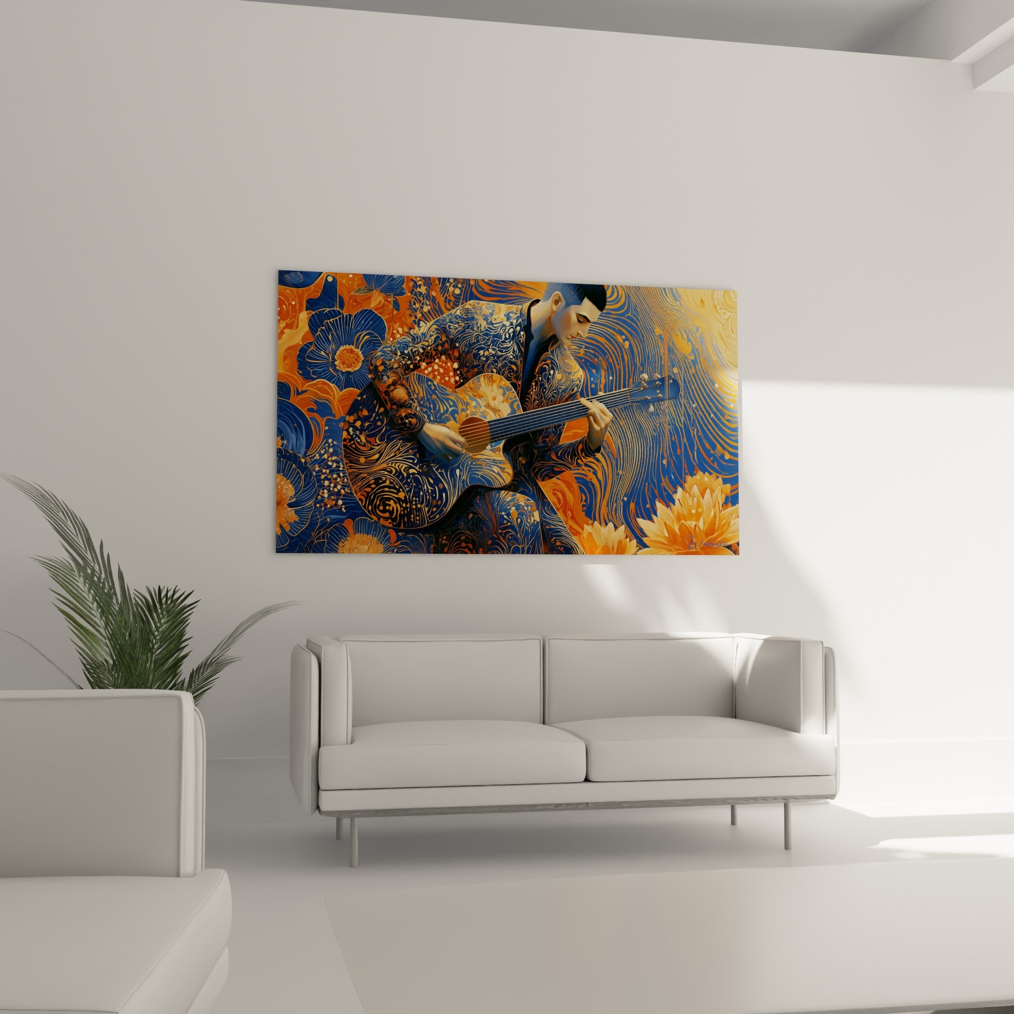 Silhouette d'un guitariste fleuri en orange et bleu marine, positionnée au-dessus d'un canapé dans un salon lumineux