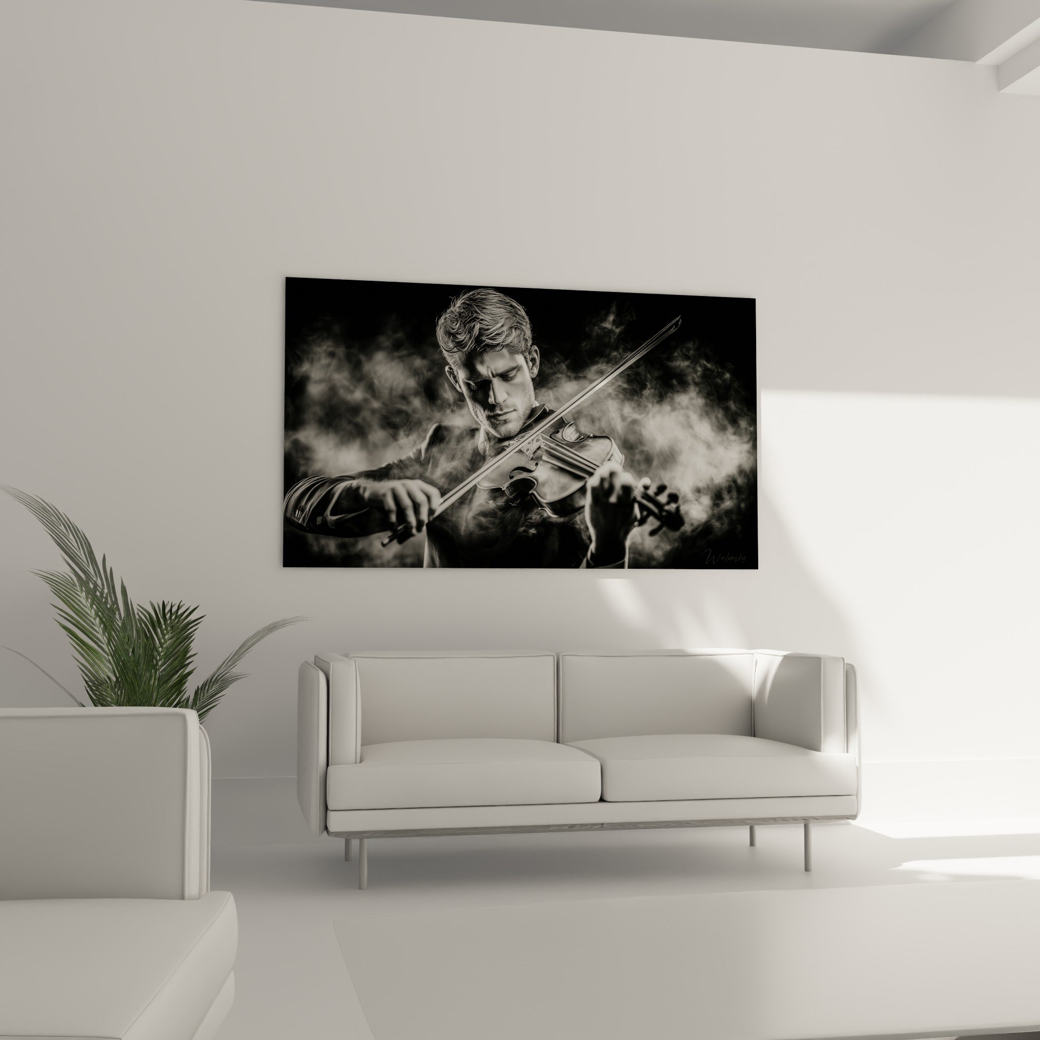 Archet tendu et regard baissé d'un violoniste noir et blanc, tableau au-dessus d'un canapé dans un salon lumineux