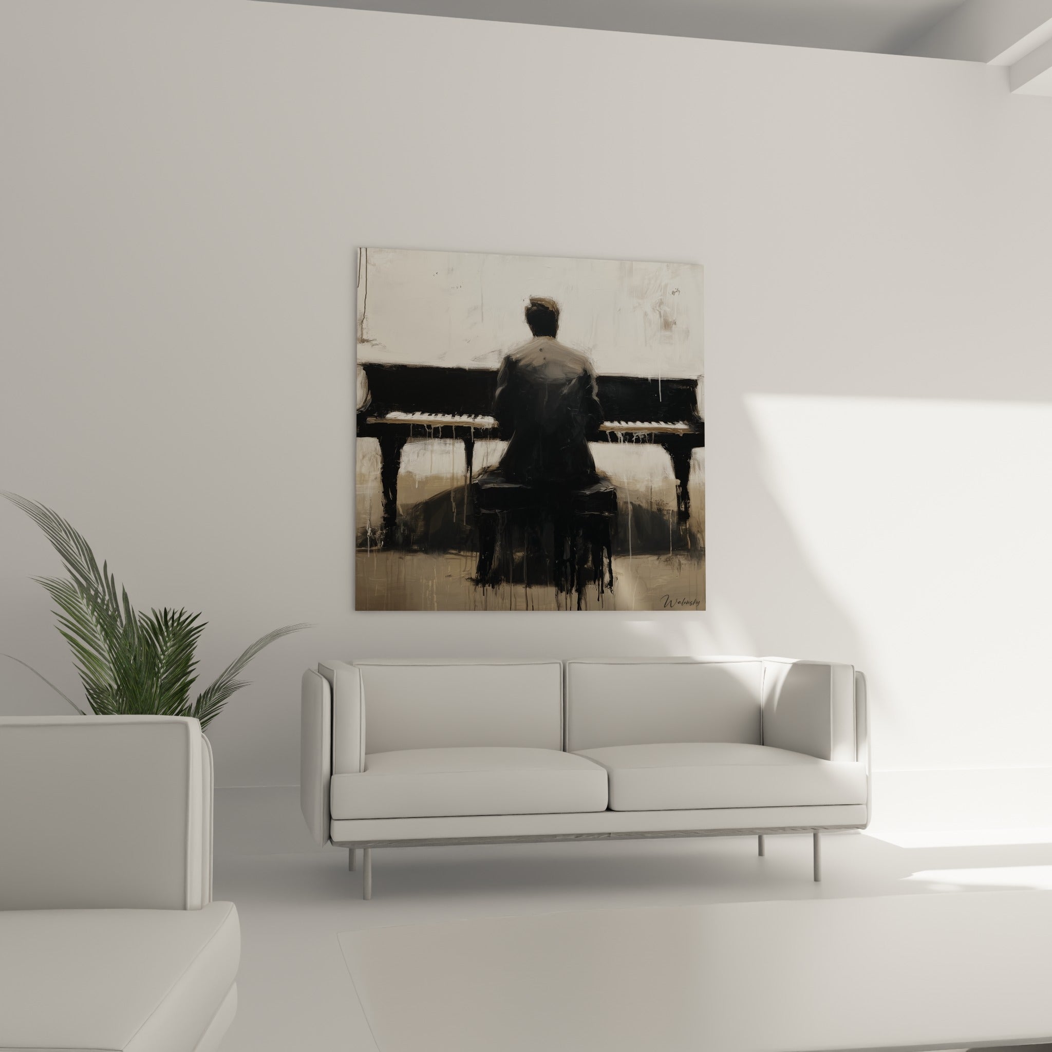 Personnage assis dos tourné vers le piano, noir intense et sable, au-dessus d'un canapé dans un salon lumineux