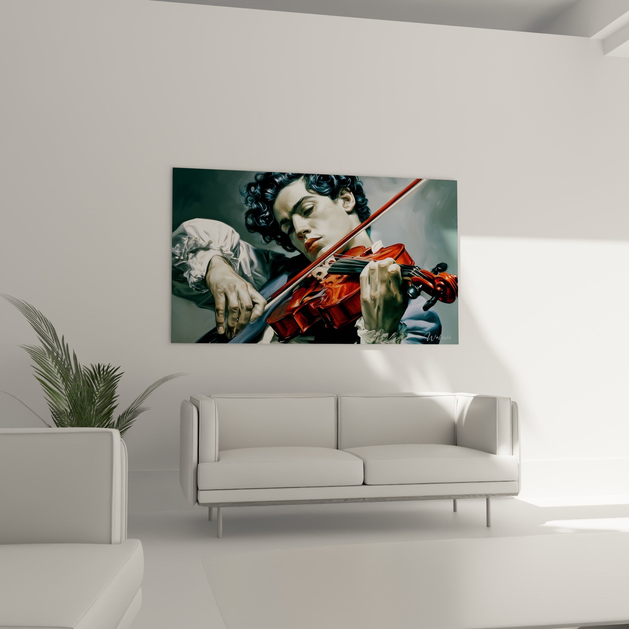 Portrait d'un violoniste concentré, reflets acajou et manches blanches, au-dessus d'un canapé dans un salon lumineux