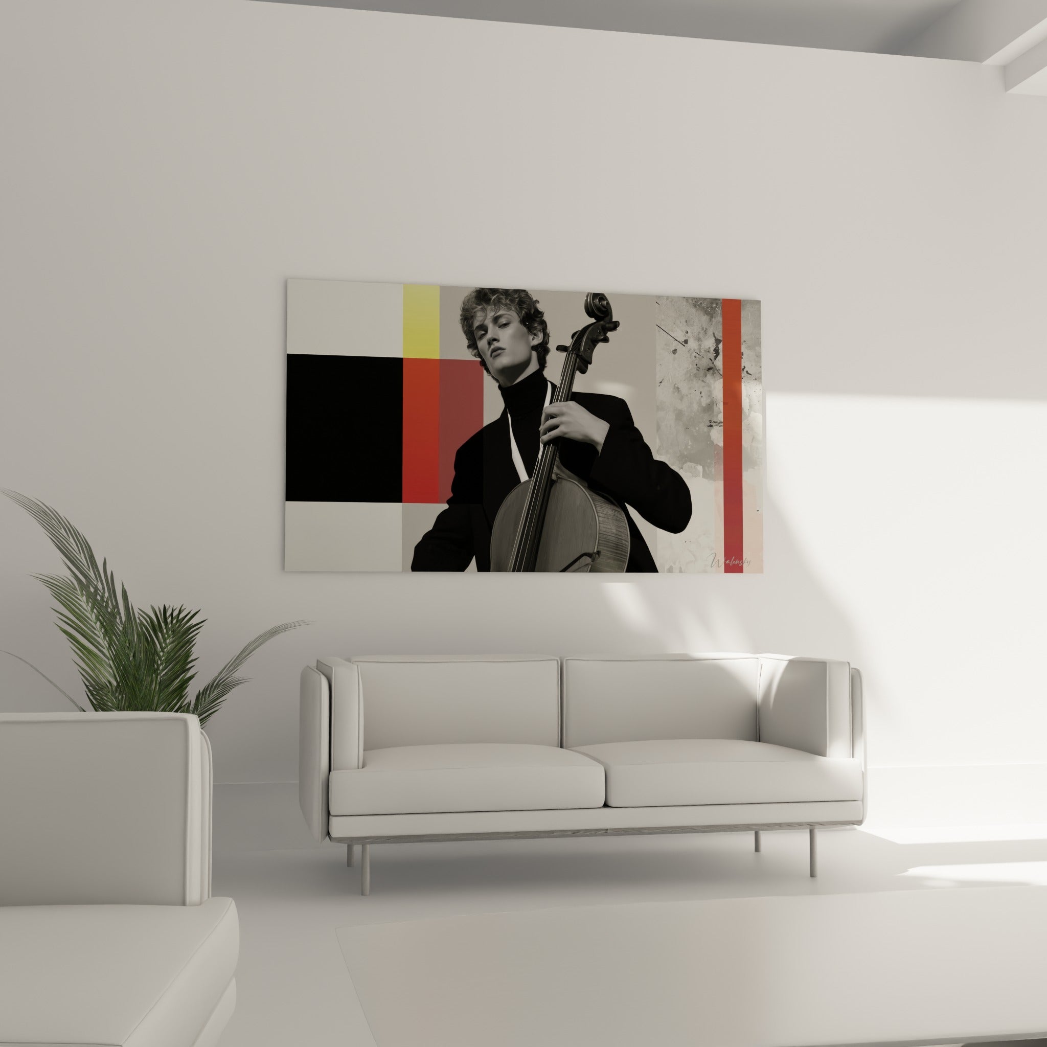 Portrait de violoncelliste, contrastes noir et blanc et rouge, au-dessus d'un canapé dans un salon lumineux