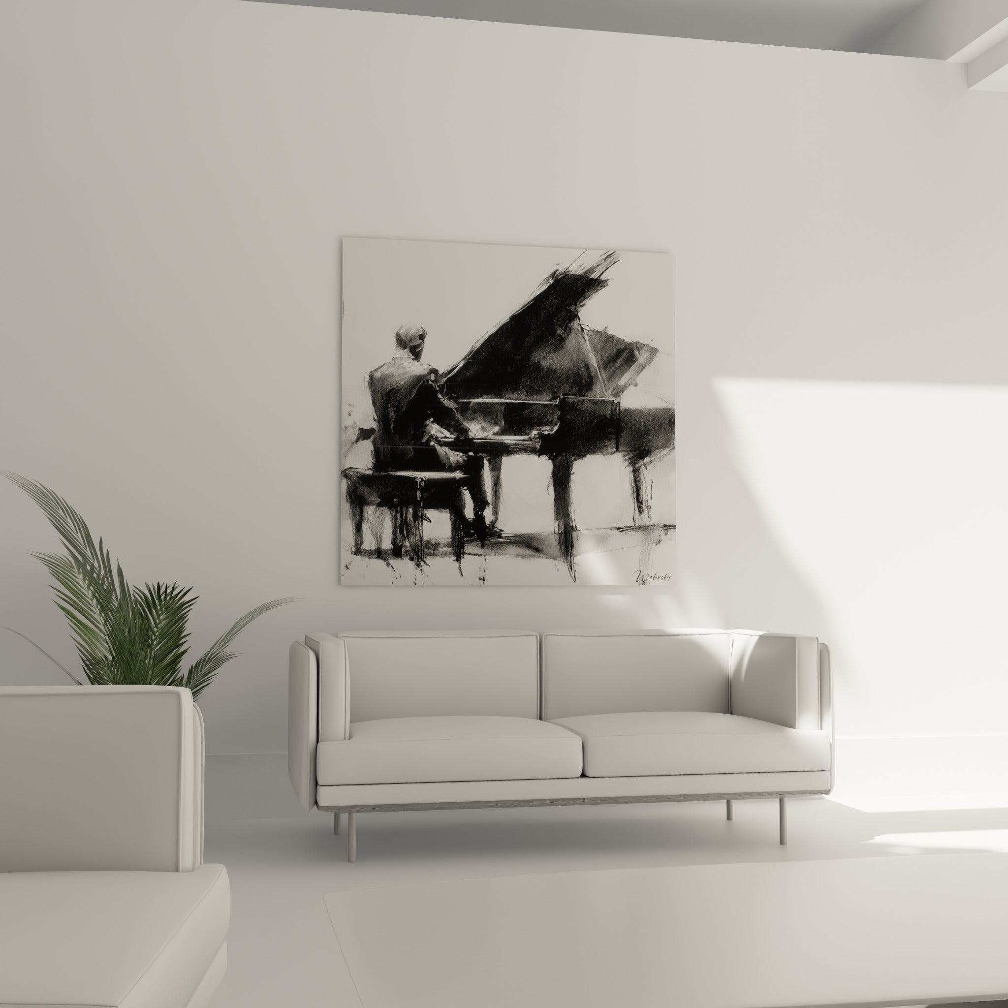 Musicien de dos au clavier, contrastes anthracite et blanc, disposé au-dessus d'un canapé dans un salon lumineux