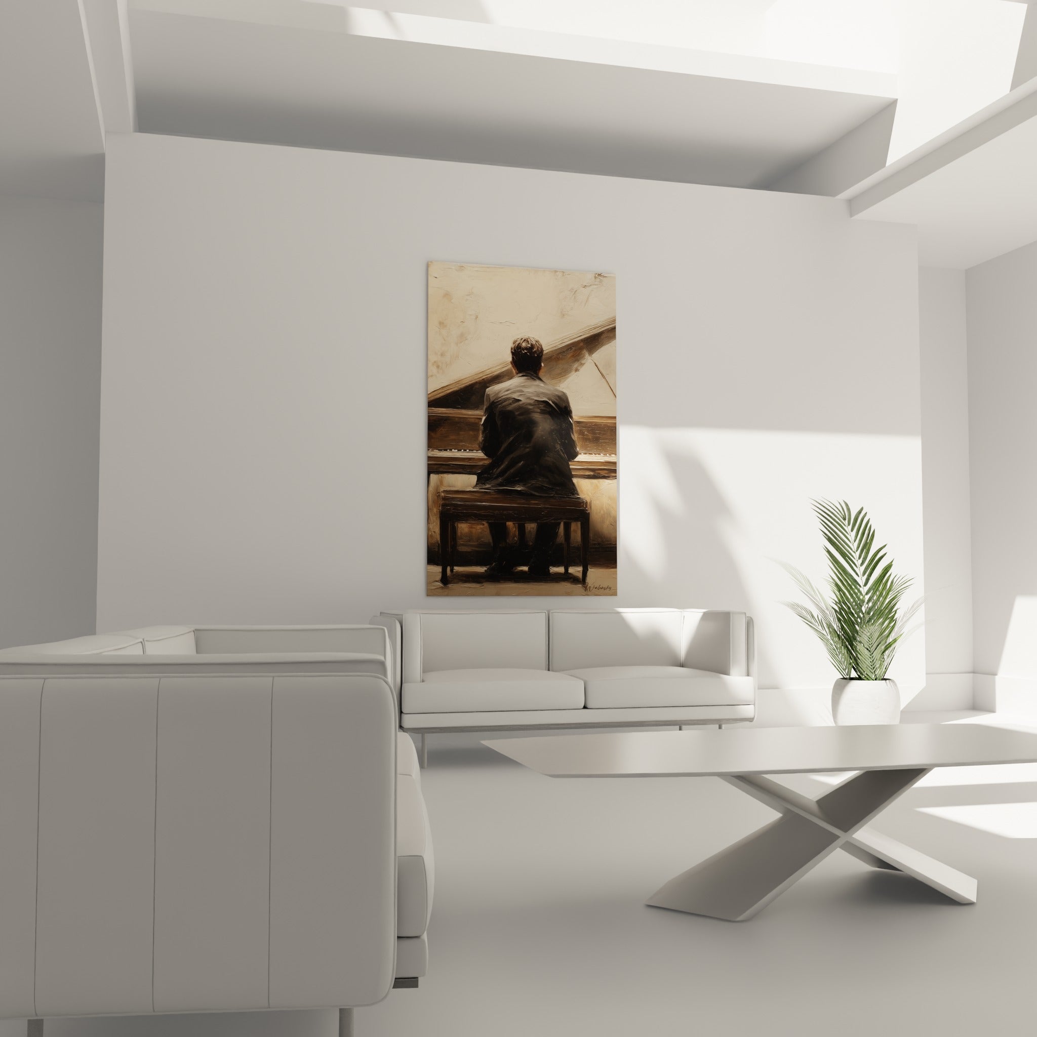 Silhouette sombre au piano sur fond beige texturé, accrochée au-dessus d'un canapé dans un salon lumineux