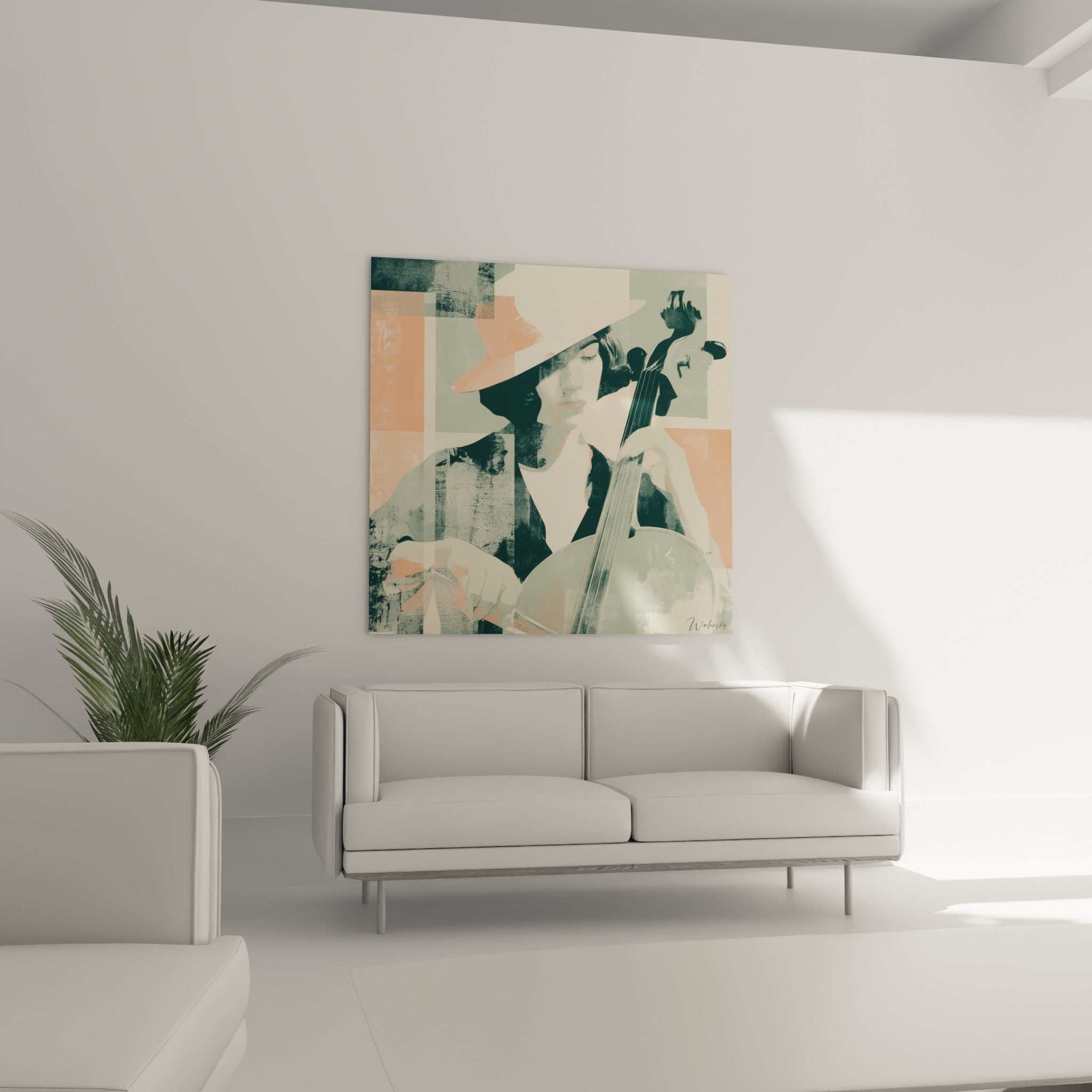 Portrait de violoncelliste aux teintes crème et corail placé au-dessus d'un canapé dans un salon lumineux