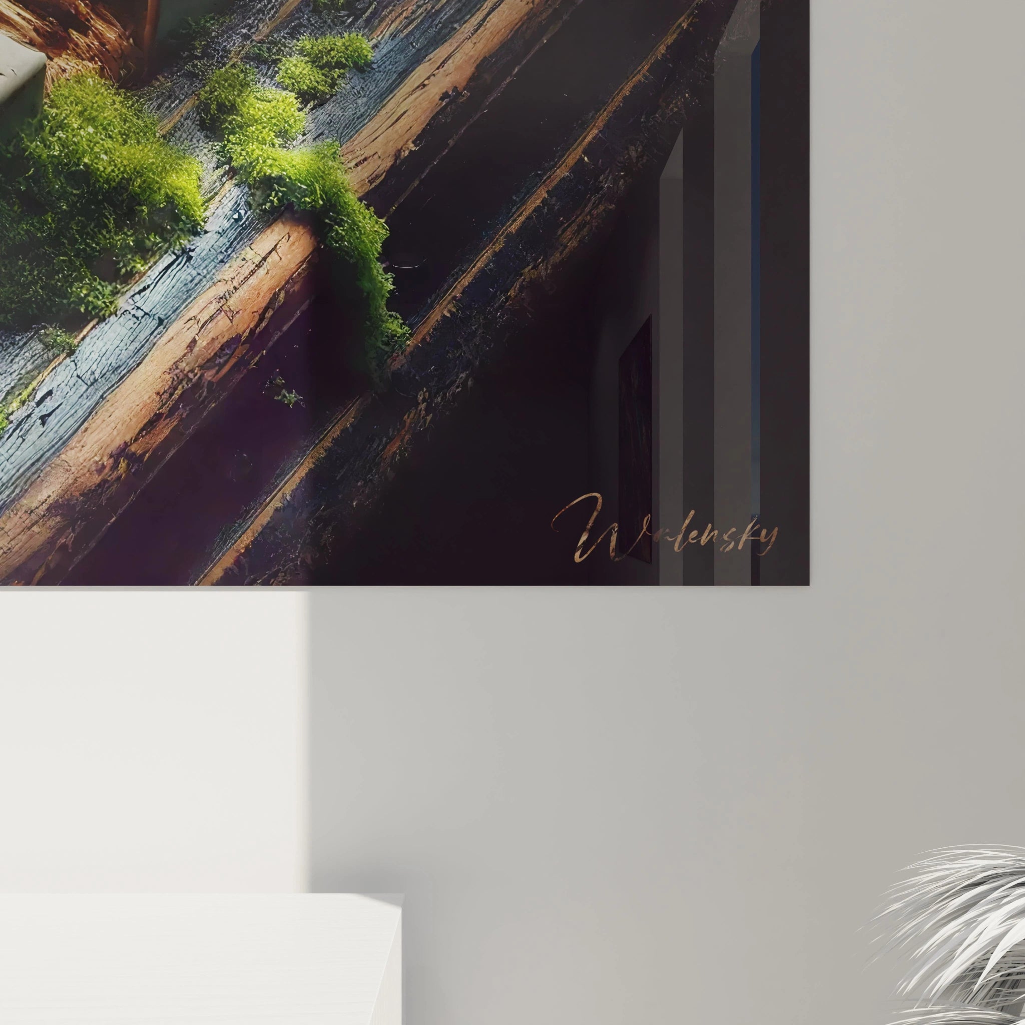 Focus sur les détails du piano abîmé, où des teintes de vert et marron capturent l’essence d’un tableau musique abstrait.