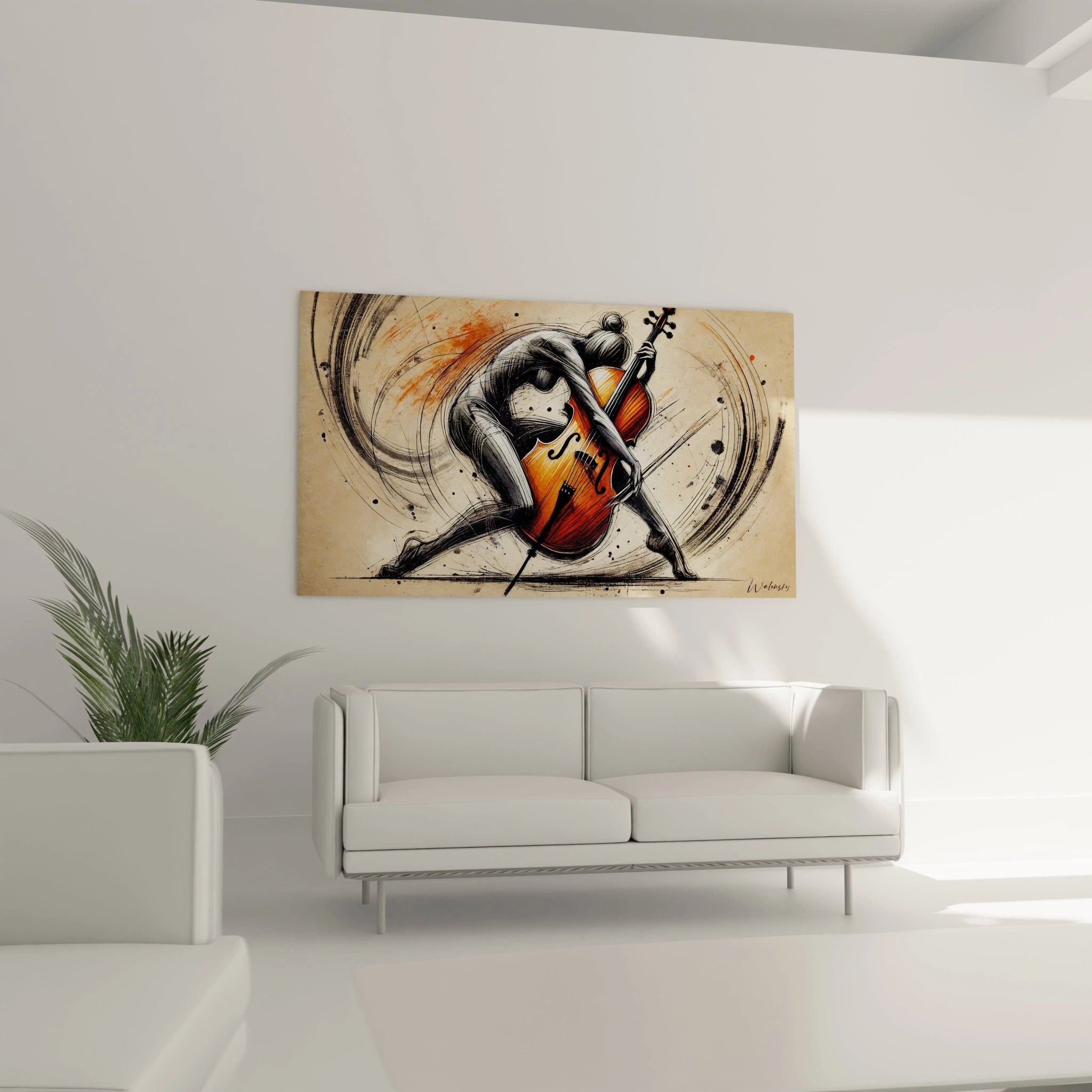 Un tableau musique abstrait dans un salon moderne, avec des formes vibrantes et des textures audacieuses.