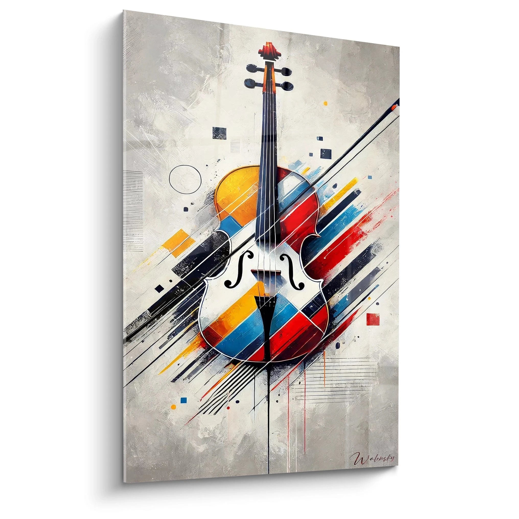 Un tableau musique abstrait avec un violon stylisé, des textures vives, et des éclats de rouge, bleu et jaune.