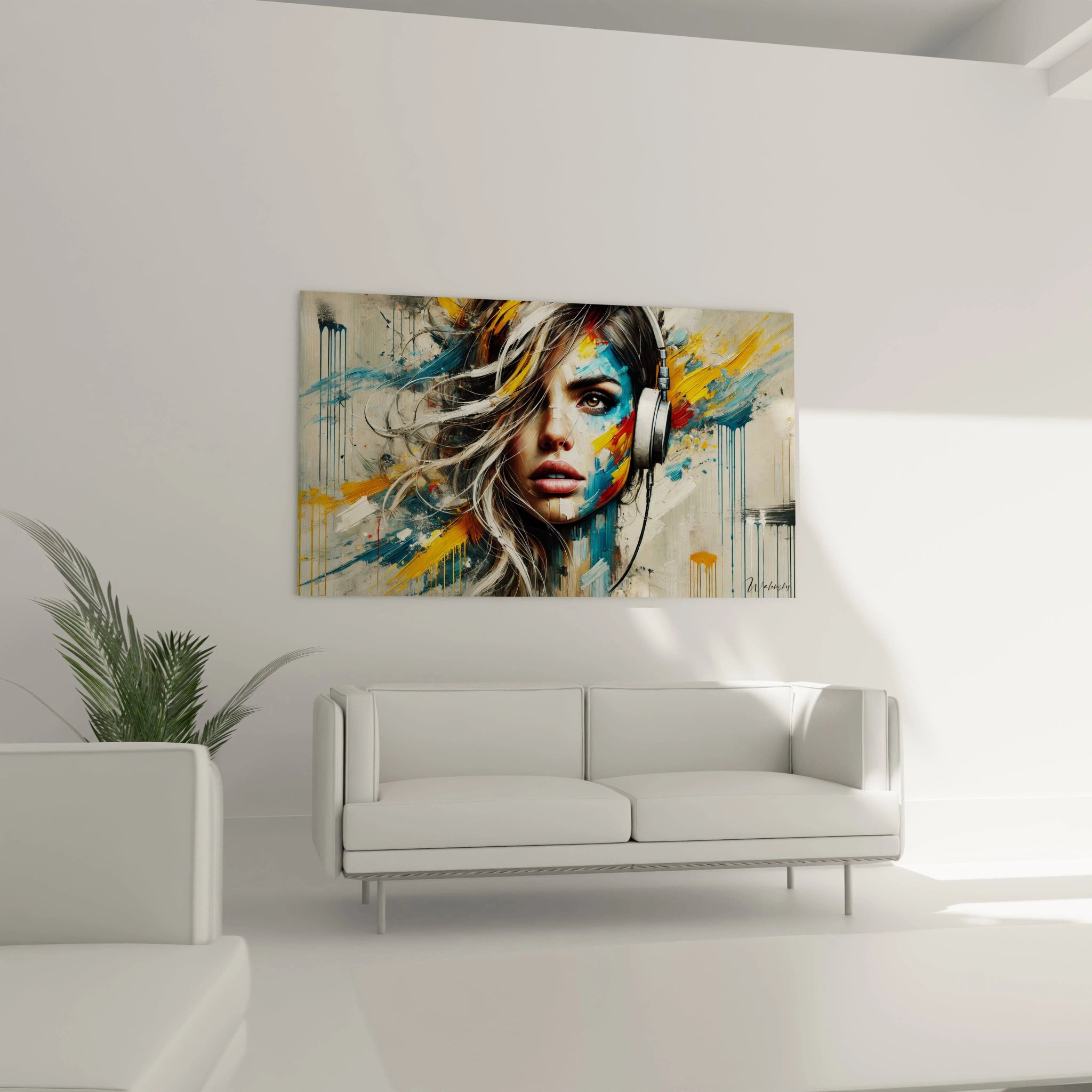 Une vue rapprochée des textures éclatantes et des éclaboussures dynamiques de ce tableau musique abstrait.