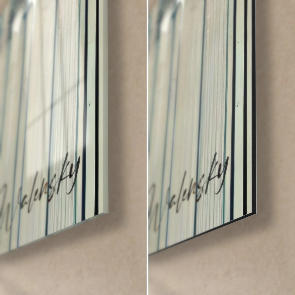 Tableau jeune femme au casque audio, coin bas droit : verre acrylique brillant à gauche, Dibond mat noir à droite, tranche de 3 mm