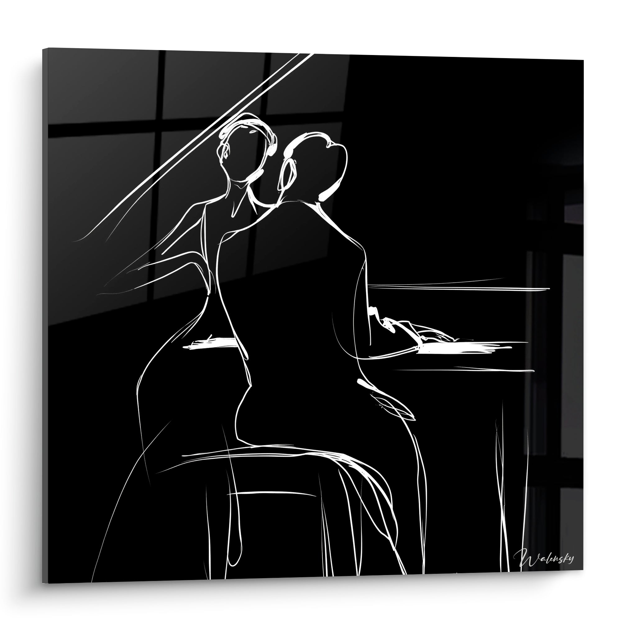 Musique en lignes blanches sur fond noir profond, deux silhouettes penchées vers un piano stylisé