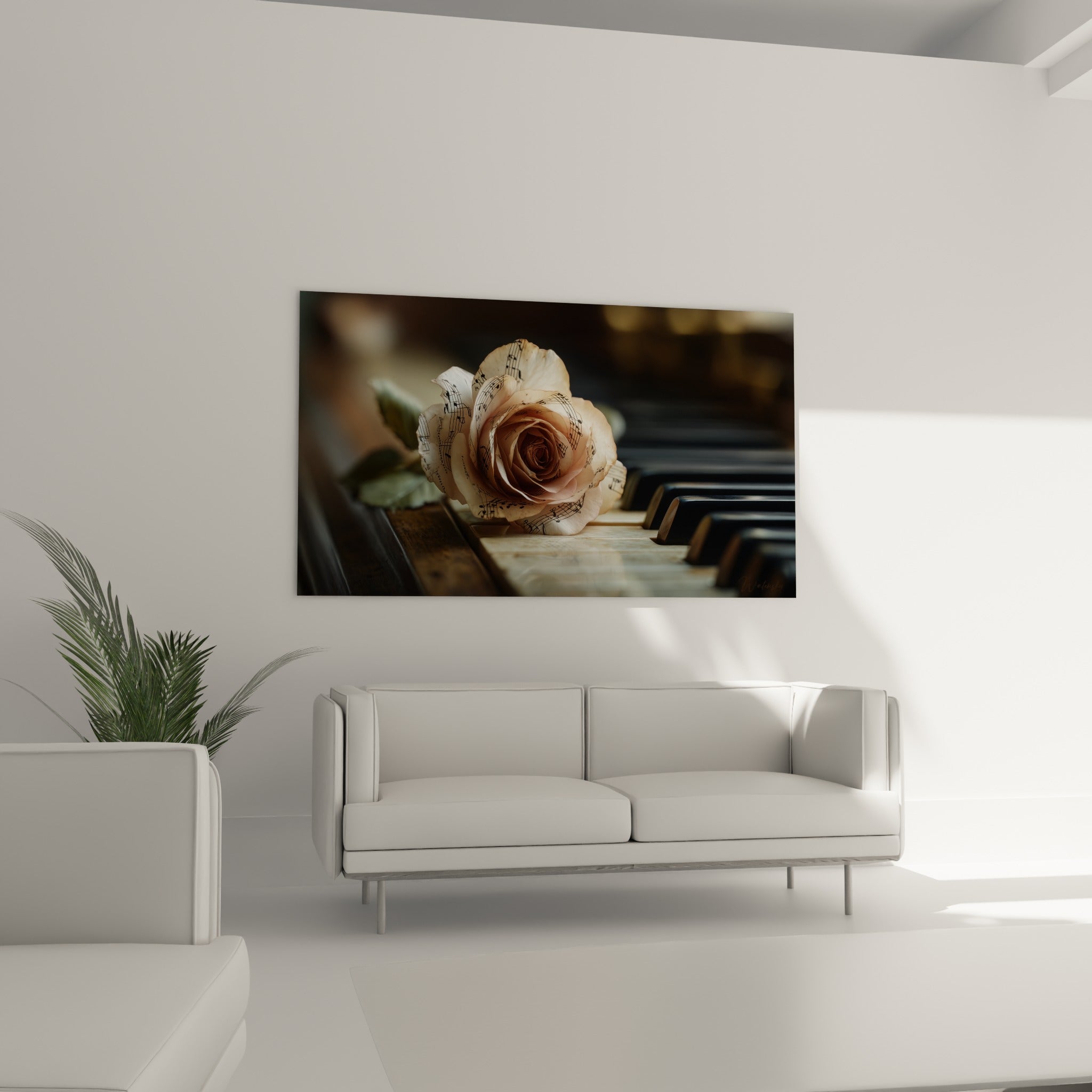 Pétales rosés et notes manuscrites illuminés au-dessus d'un canapé dans un salon lumineux
