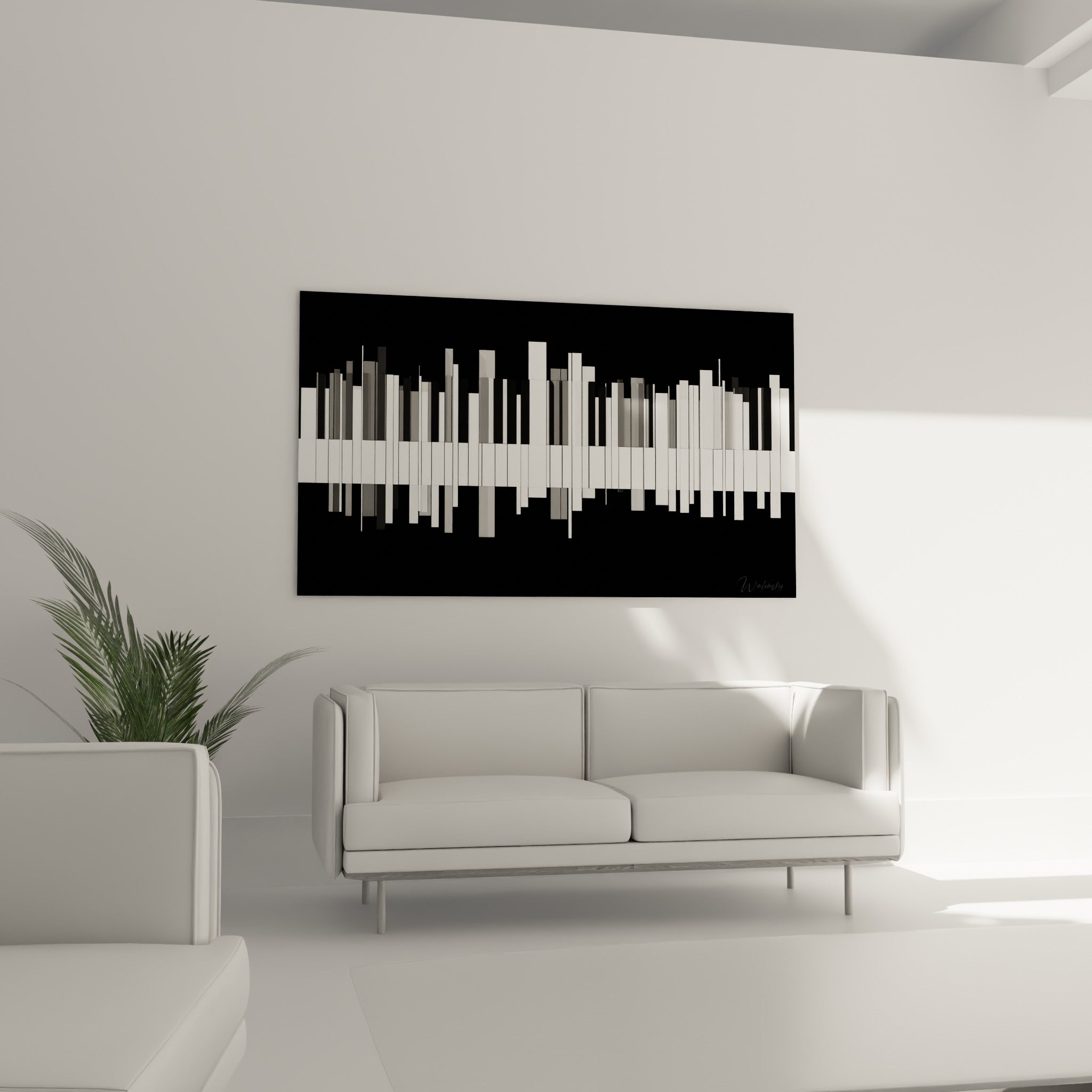 Lamelles graphiques noir profond et blanc pur formant une onde musicale, au-dessus d'un canapé dans un salon lumineux