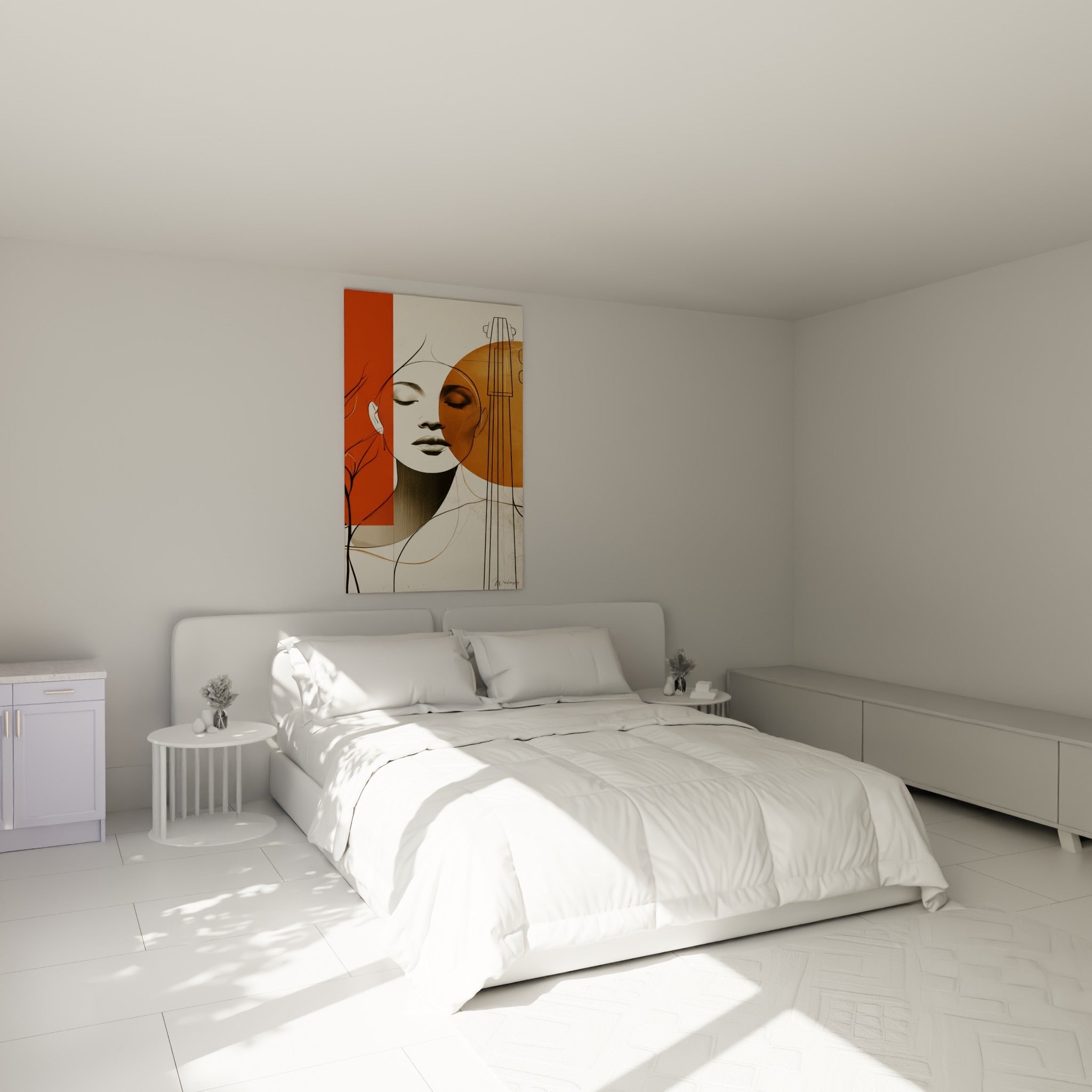 Musique en tons terracotta et orange, visage serein au-dessus d'un lit dans une chambre claire