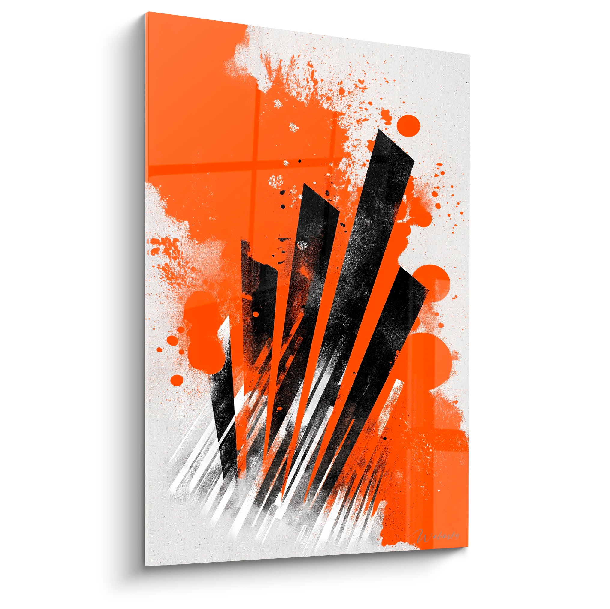 Musique en formes noires dressées sur fond orange vif éclaboussé de blanc, style graphique expressif