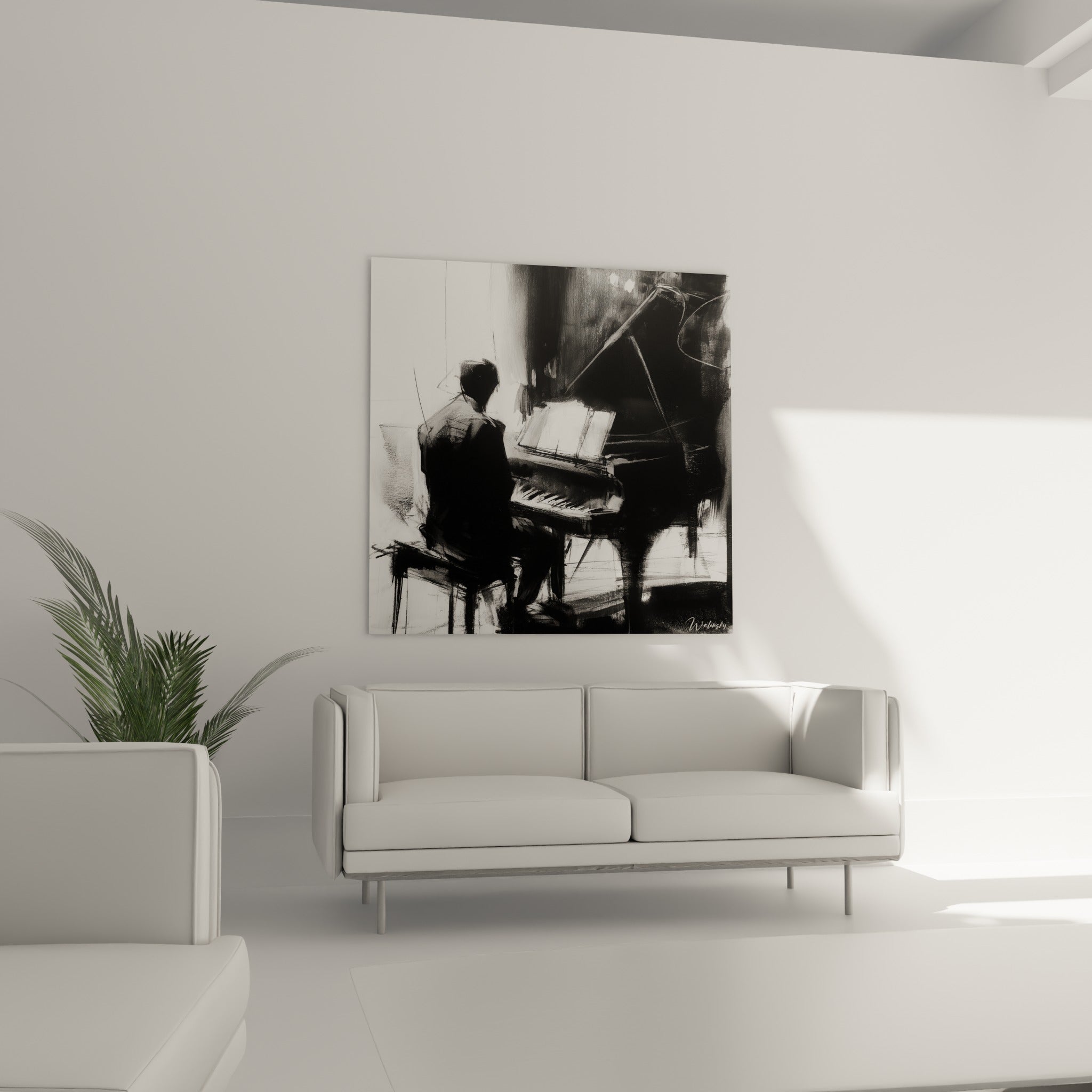 Scène de piano esquissée en anthracite et blanc, partition ouverte, au-dessus d'un canapé dans un salon lumineux