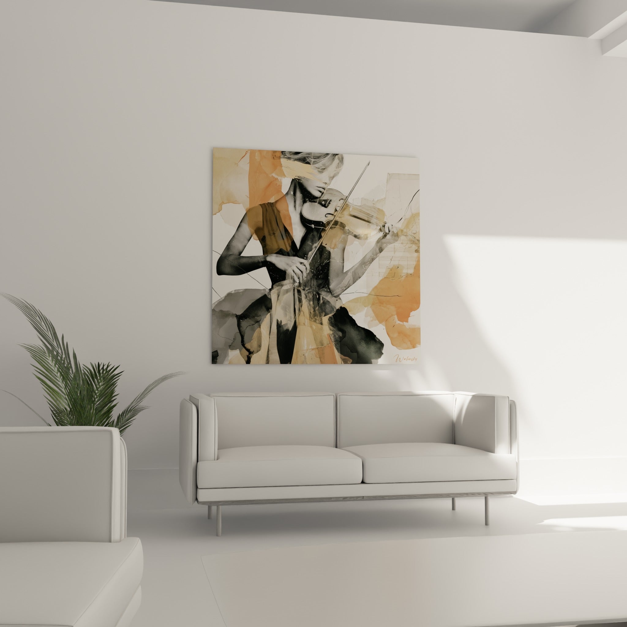 Portrait de violoniste mêlant aquarelle terracotta et noir profond, au-dessus d'un canapé dans un salon lumineux
