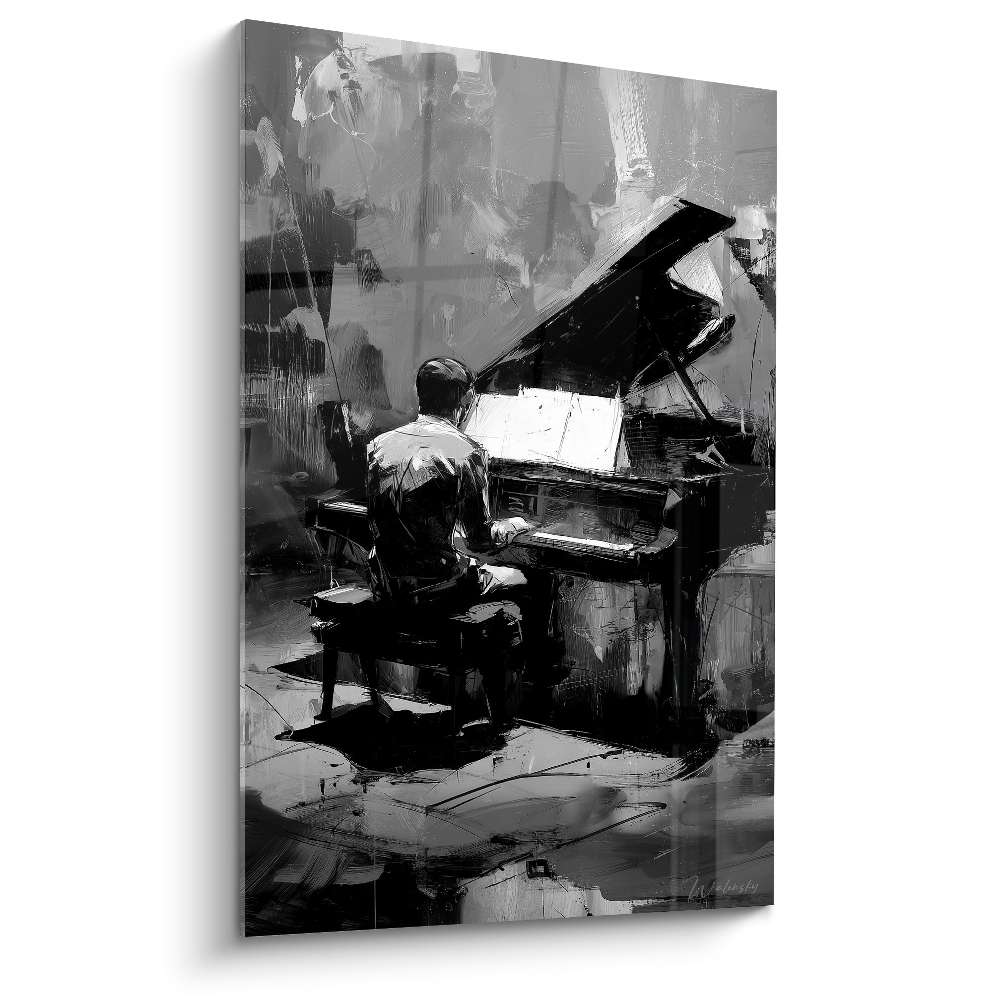 Pianiste de dos peint en noir et blanc, touches anthracite et blanches, style esquissé au piano à queue