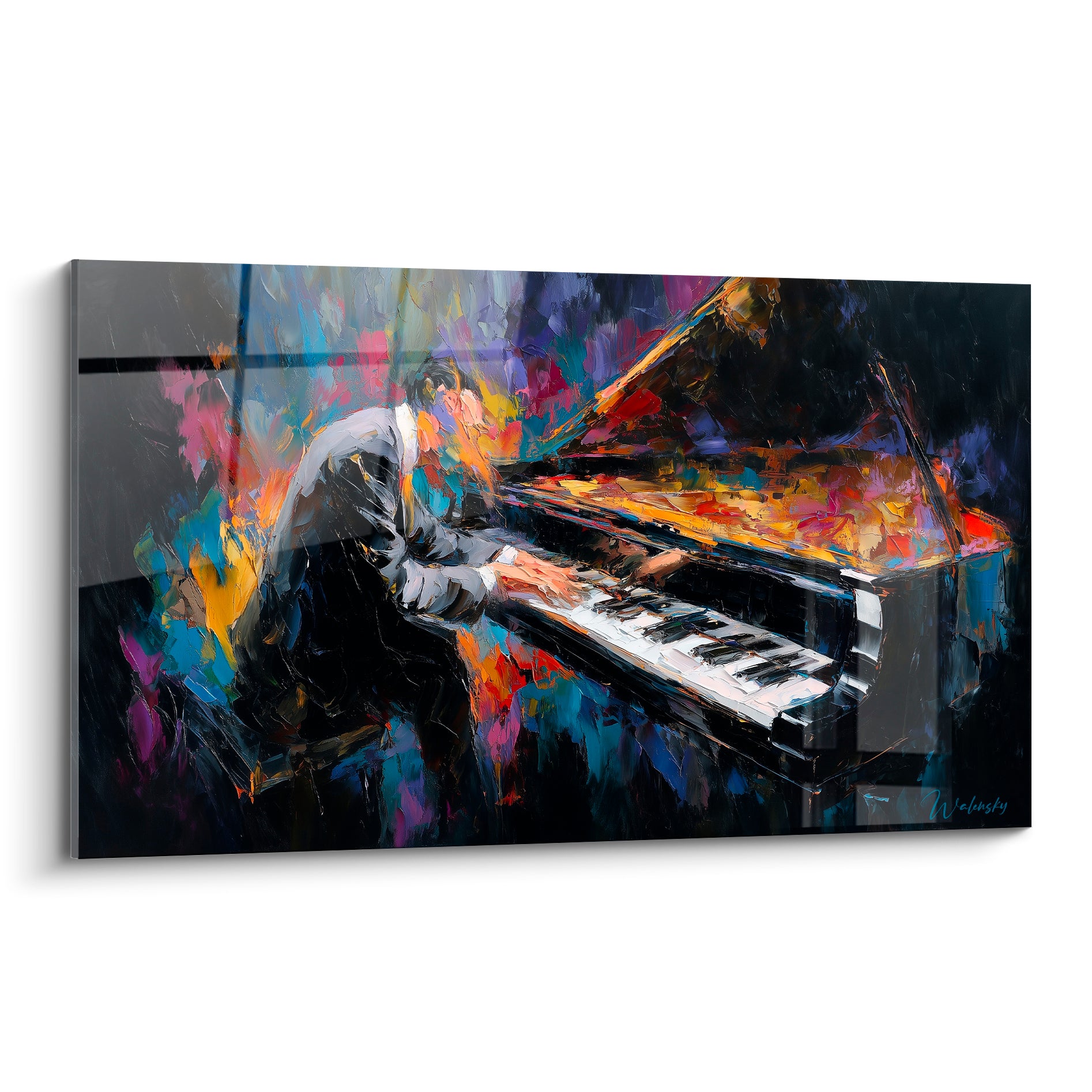 Musique : pianiste penché en gris, éclats bleu turquoise et dorés autour du piano noir