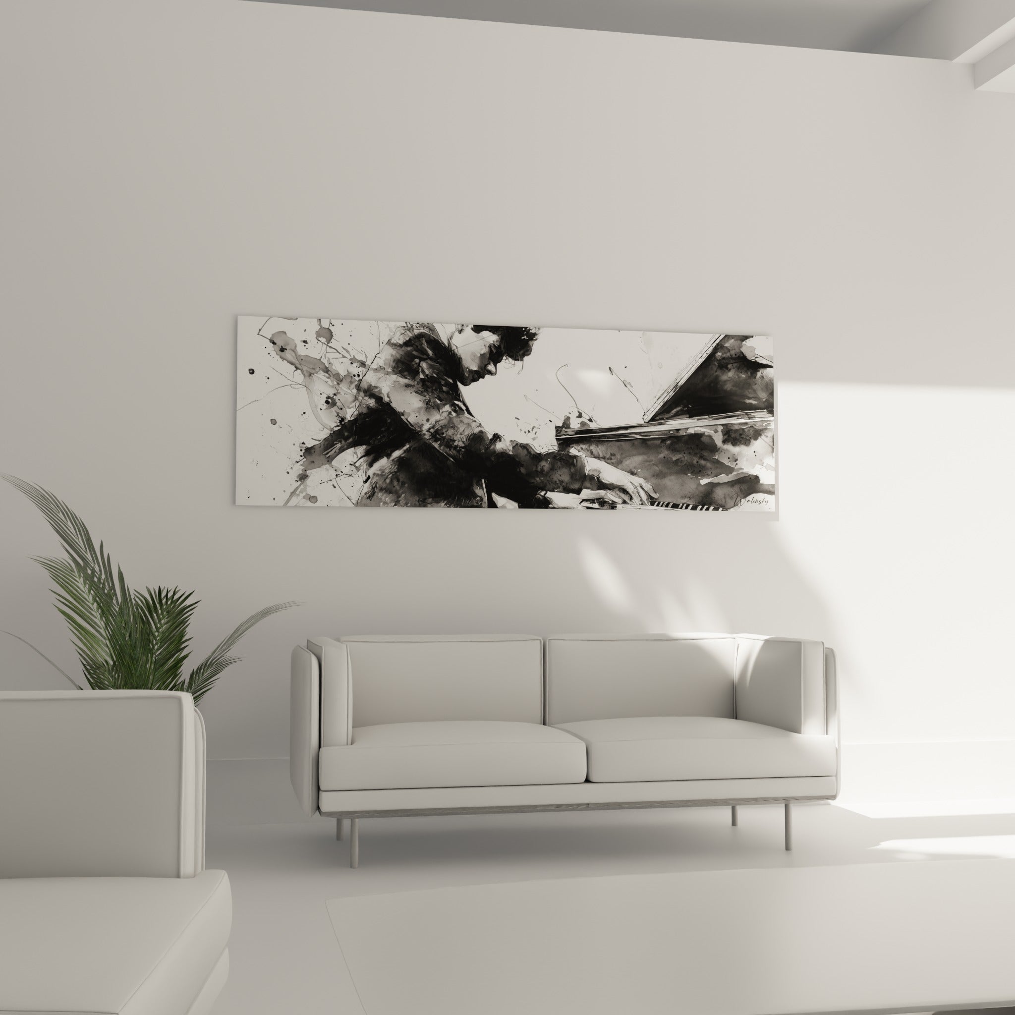 Silhouette du pianiste en encre noire éclaboussée, mains posées sur les touches, au-dessus d'un canapé dans un salon lumineux