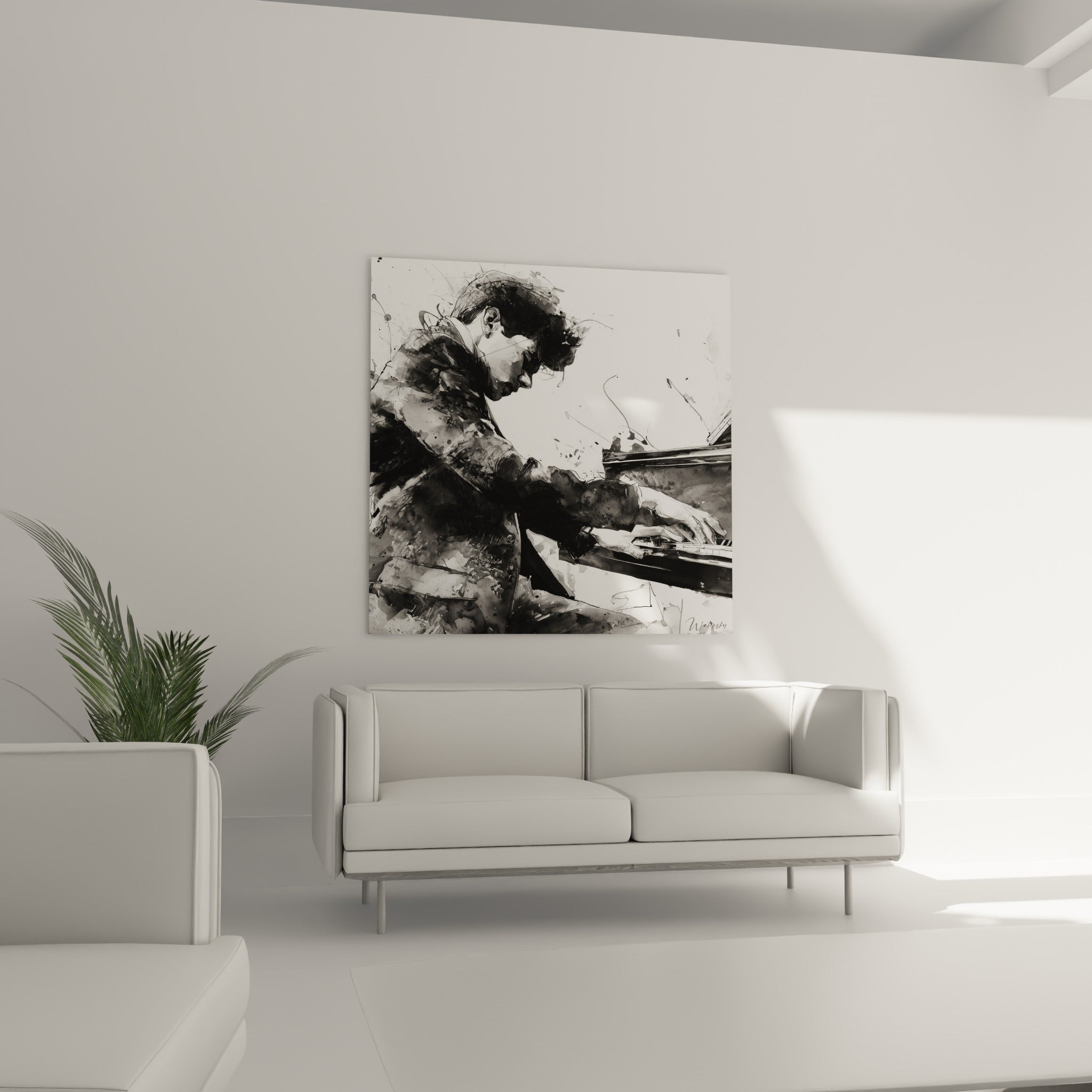 Pianiste concentré, contrastes noir profond et blanc pur, installé au-dessus d'un canapé dans un salon lumineux