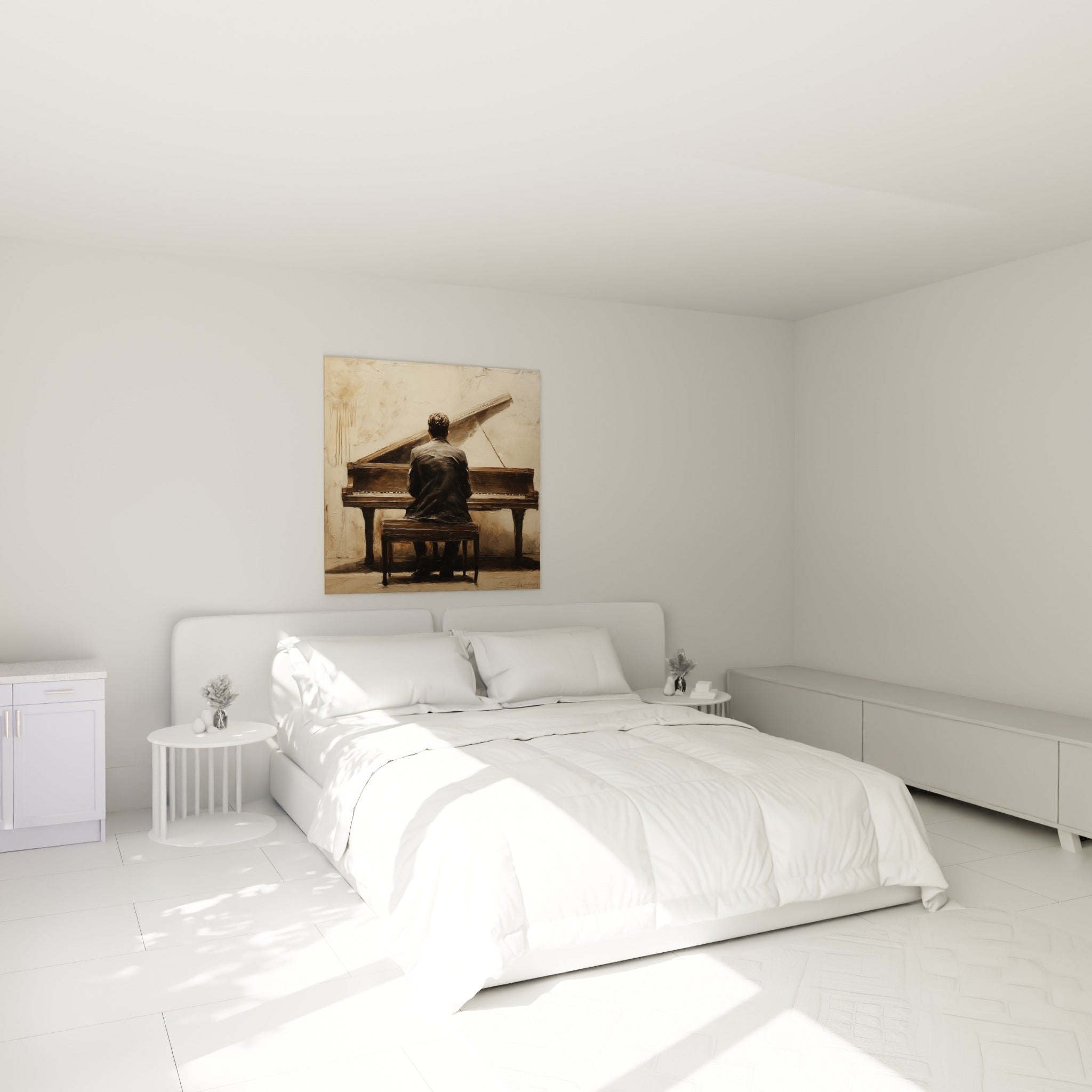 Musicien vu de dos jouant du piano, tons beige et anthracite, au-dessus d'un lit dans une chambre claire