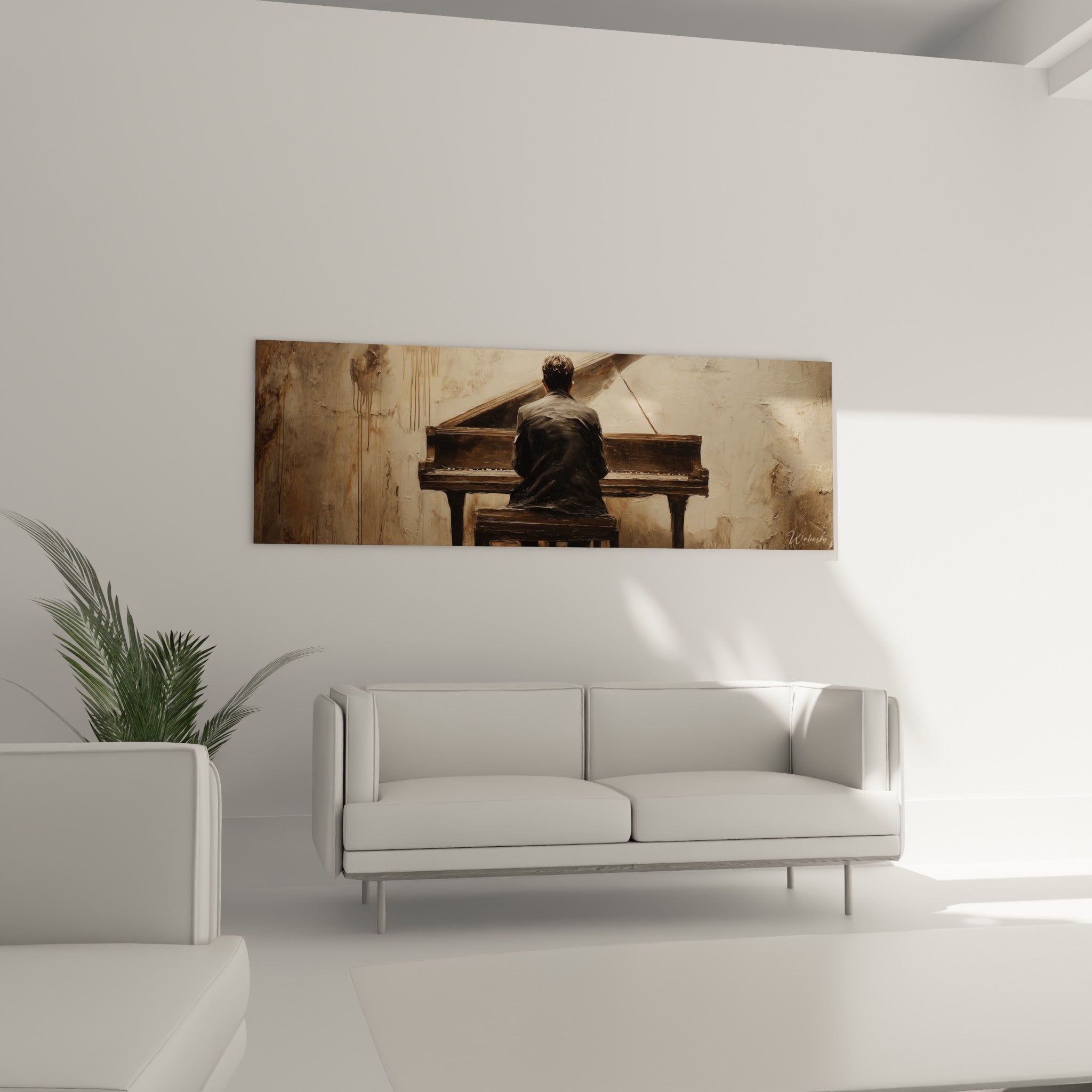 Musicien de dos au piano brun foncé, teintes beige et anthracite, au-dessus d'un canapé dans un salon lumineux
