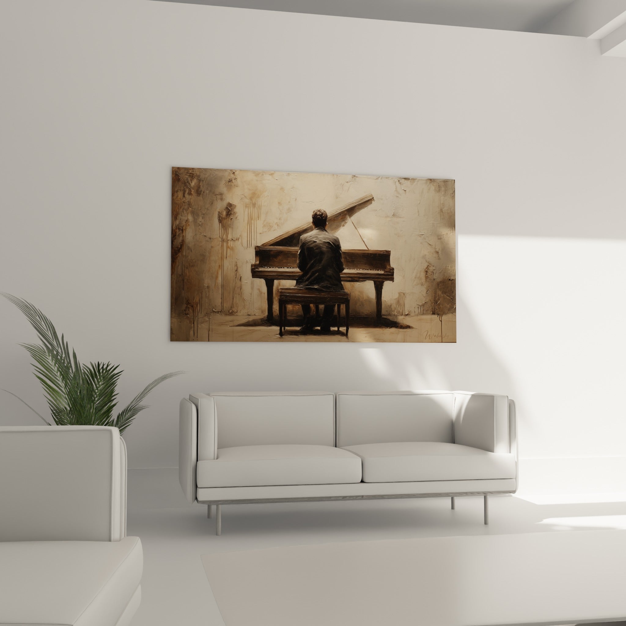 Silhouette sombre au piano beige et brun, tableau Musique au-dessus d'un canapé dans un salon lumineux