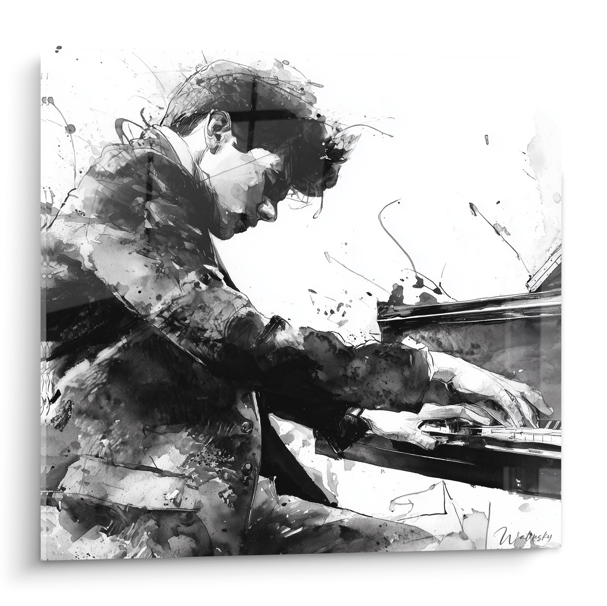 Pianiste penché sur son clavier, encre noire et blanche éclaboussée, geste expressif et intense