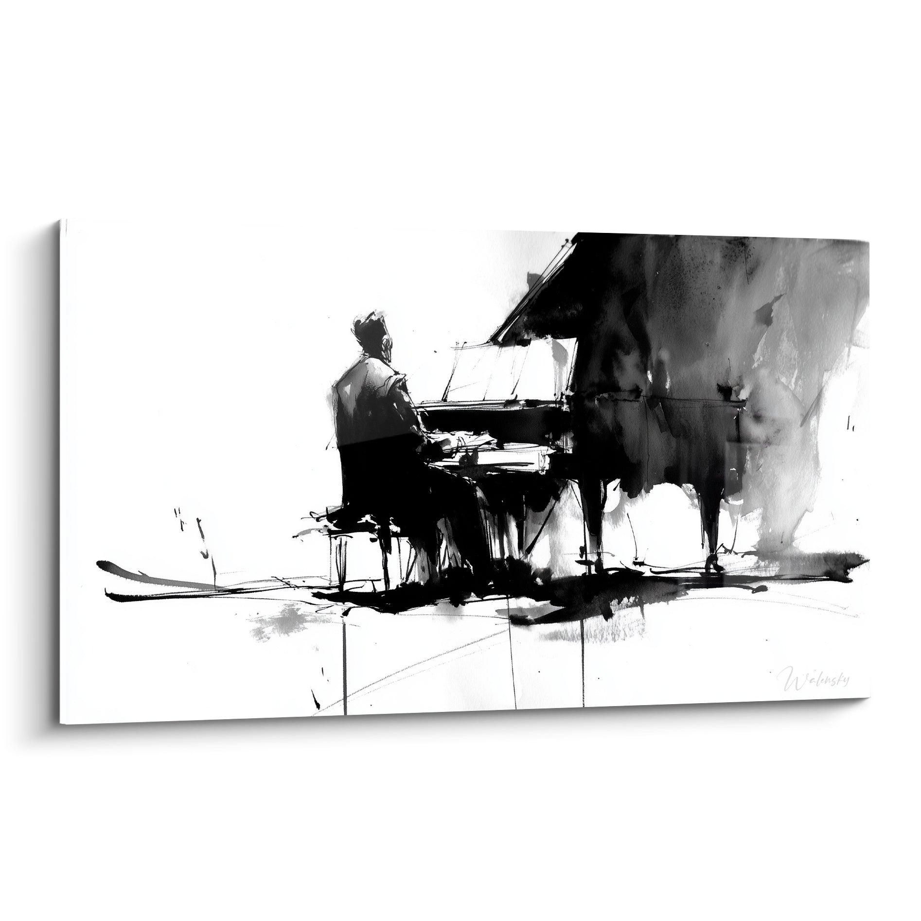 Pianiste solitaire à l'encre noire jouant sur un piano à queue anthracite et blanc immaculé