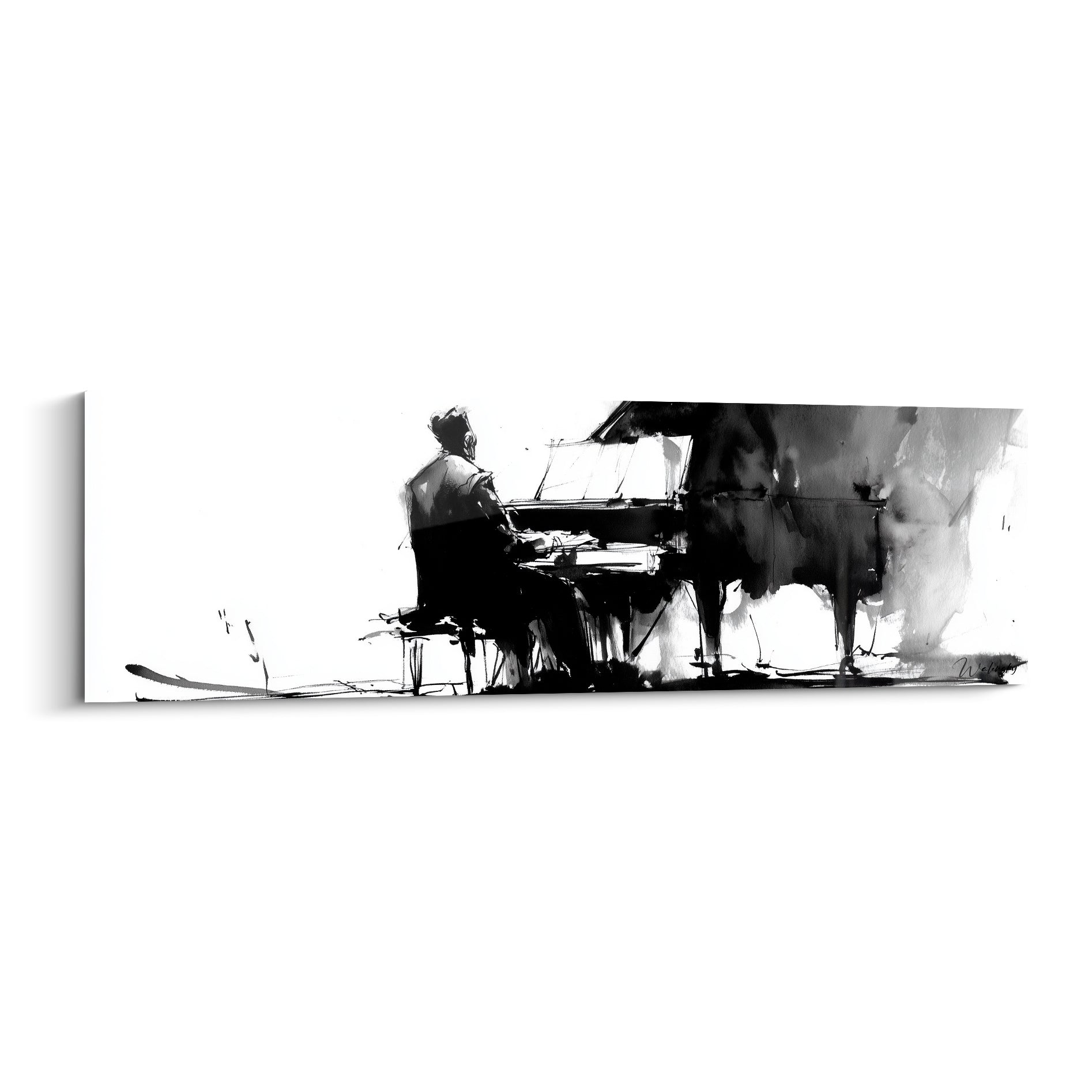 Musique : pianiste noir profond au piano à queue gris anthracite, encre expressive sur fond blanc