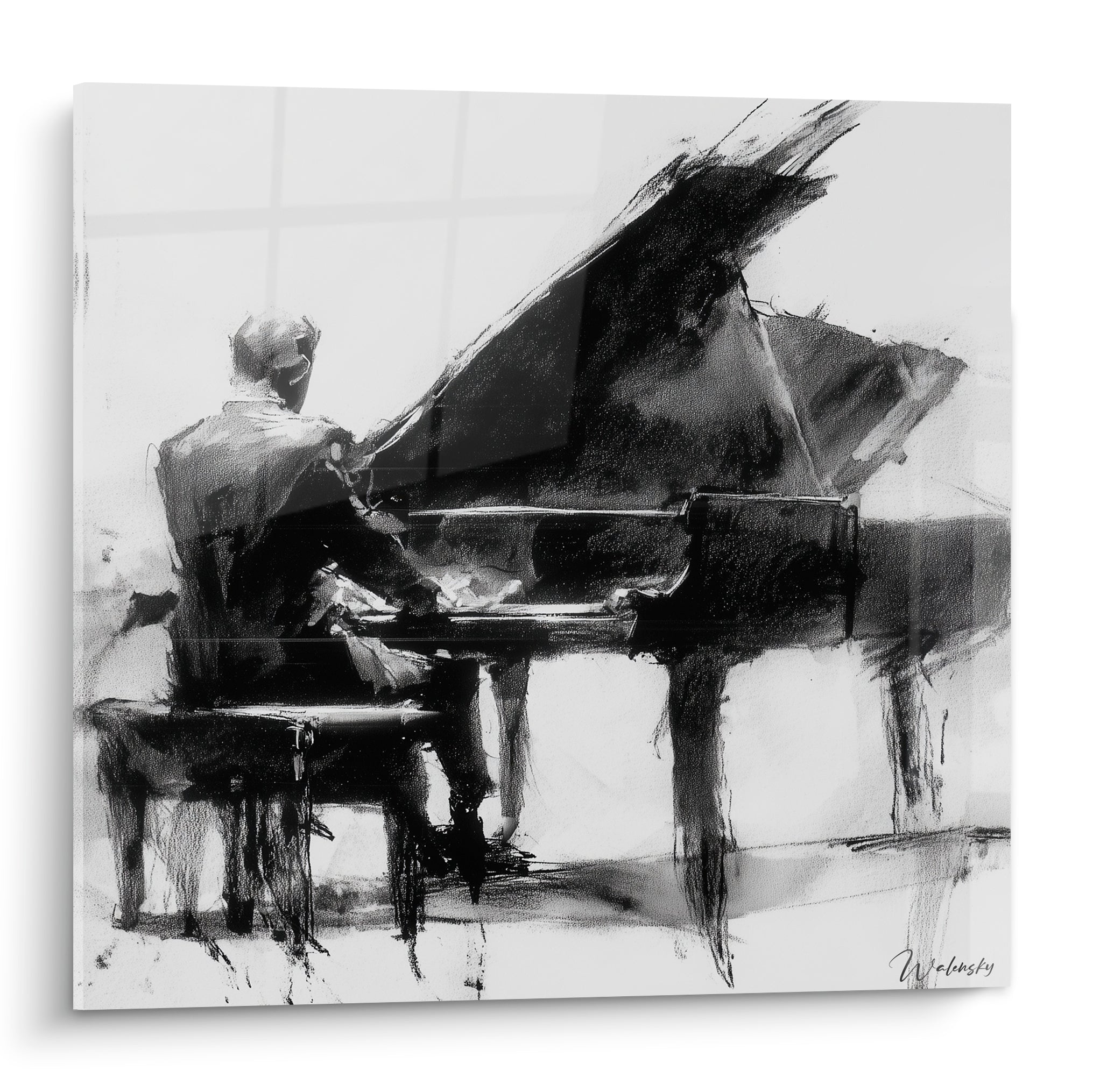 Pianiste esquissé en noir et blanc, gris anthracite et blanc cassé, piano à queue ouvert au fusain