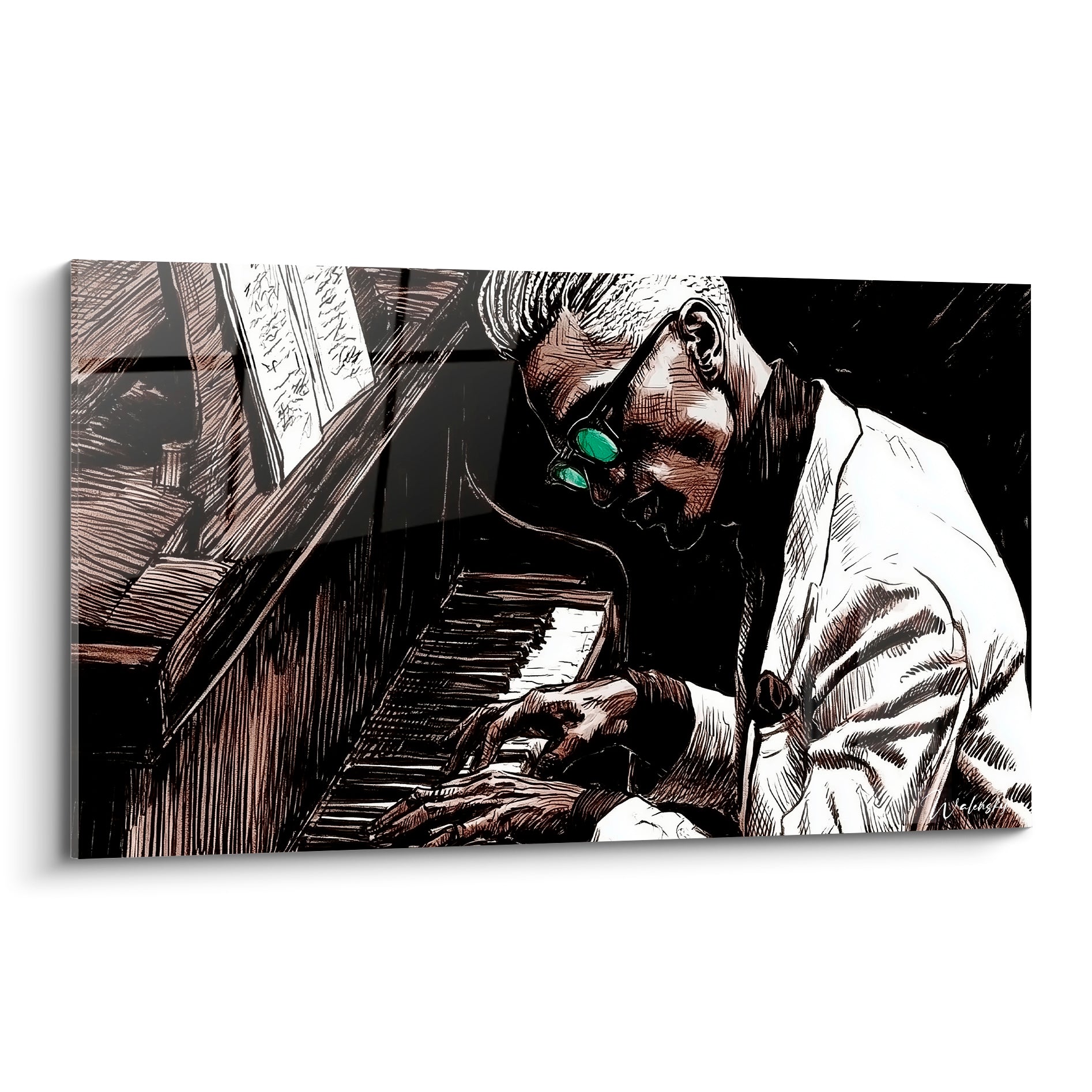 Pianiste en veste blanche et lunettes vertes joue du piano, trait encré noir et sépia intense