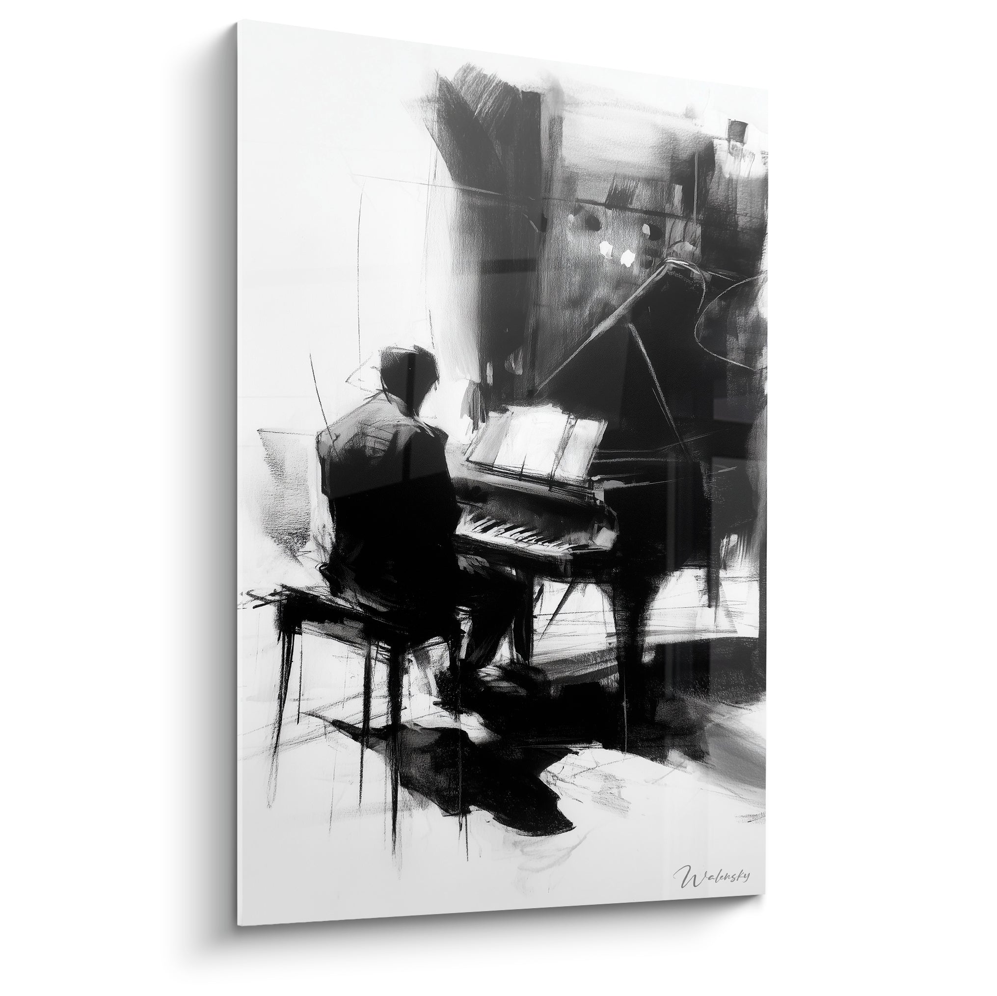 Pianiste esquissé en noir et blanc, partition éclairée, contraste anthracite et blanc lumineux