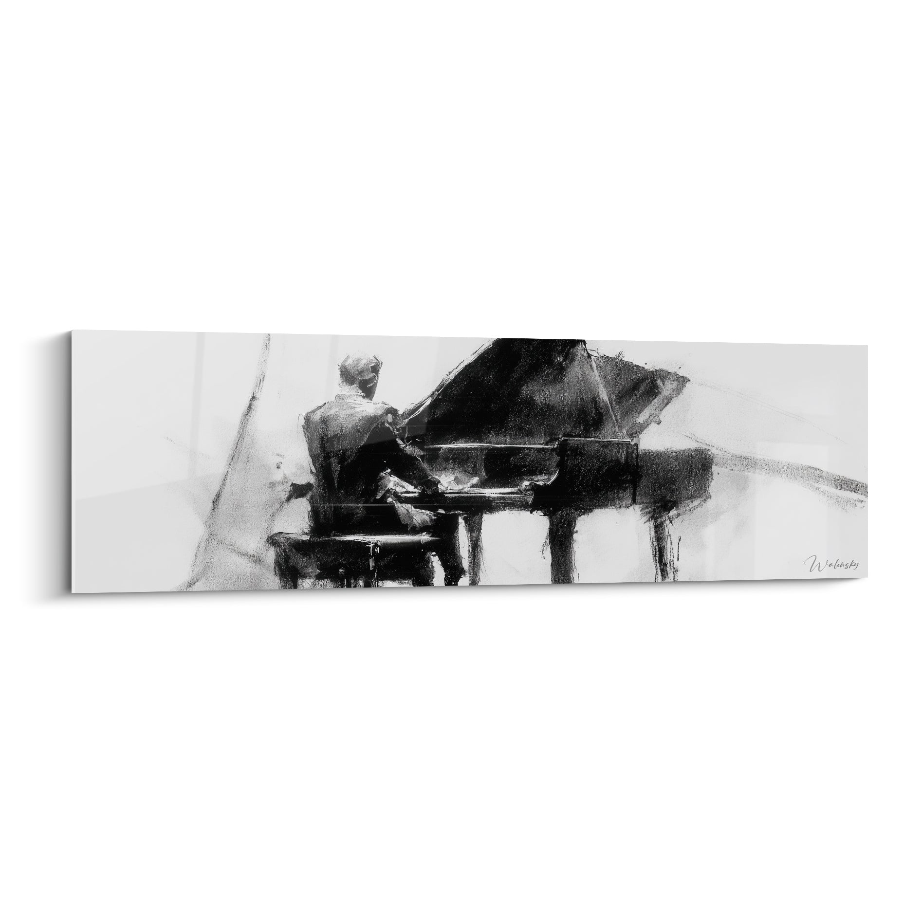 Musique en noir profond et blanc lumineux, pianiste esquissé assis devant un piano à queue ouvert