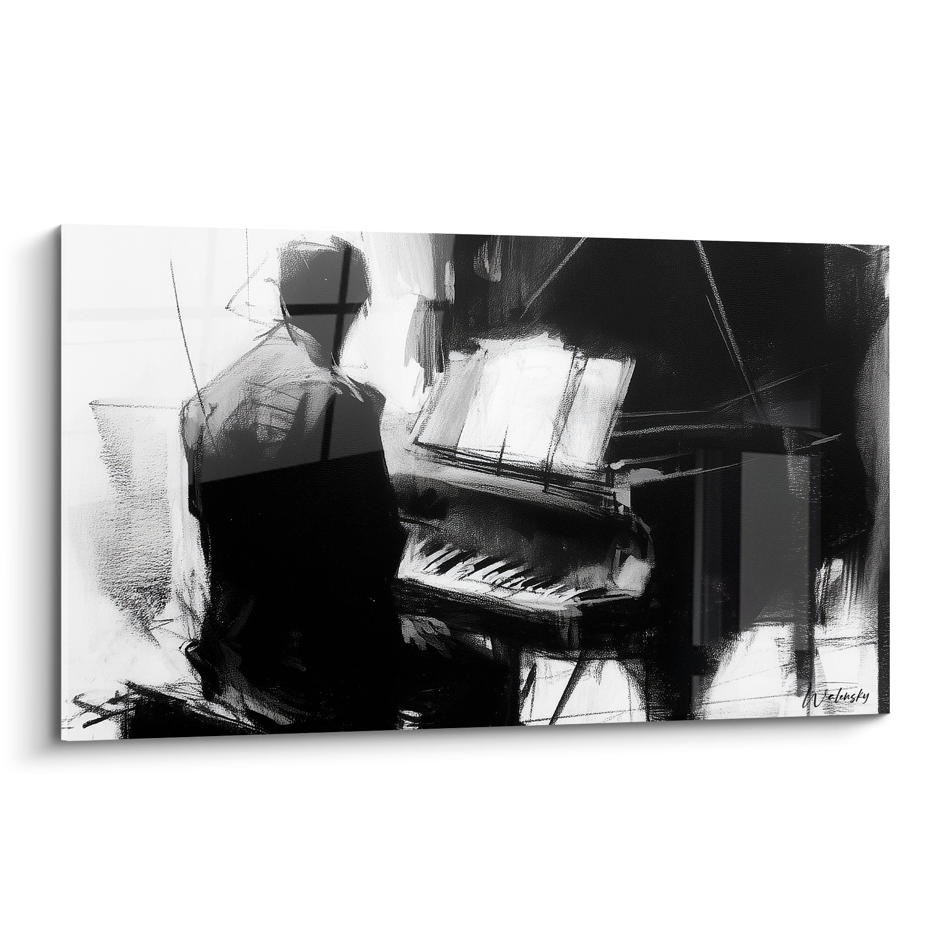 Pianiste esquissé en noir et blanc devant son clavier, contrastes de gris fusain et lumière vive