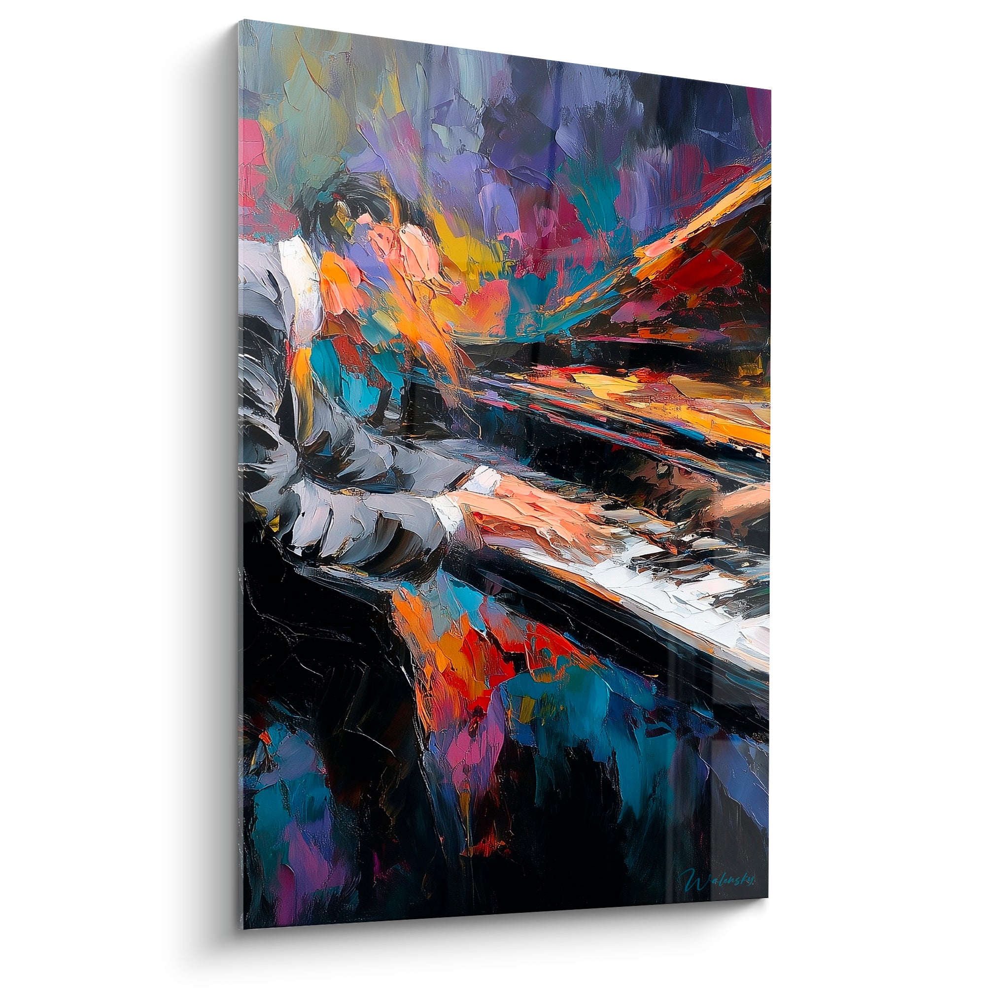Pianiste aux mains suspendues sur clavier, touches violet et turquoise, matière épaisse au couteau