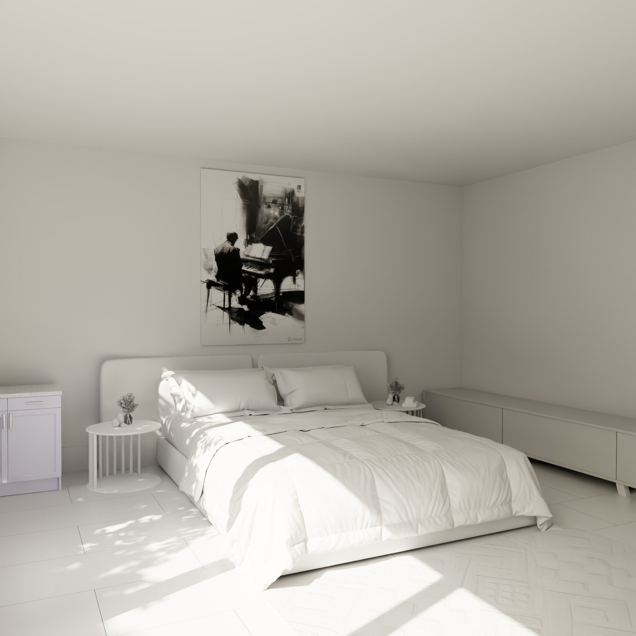 Musicien penché sur son piano en clair-obscur anthracite, accroché au-dessus d'un lit dans une chambre claire