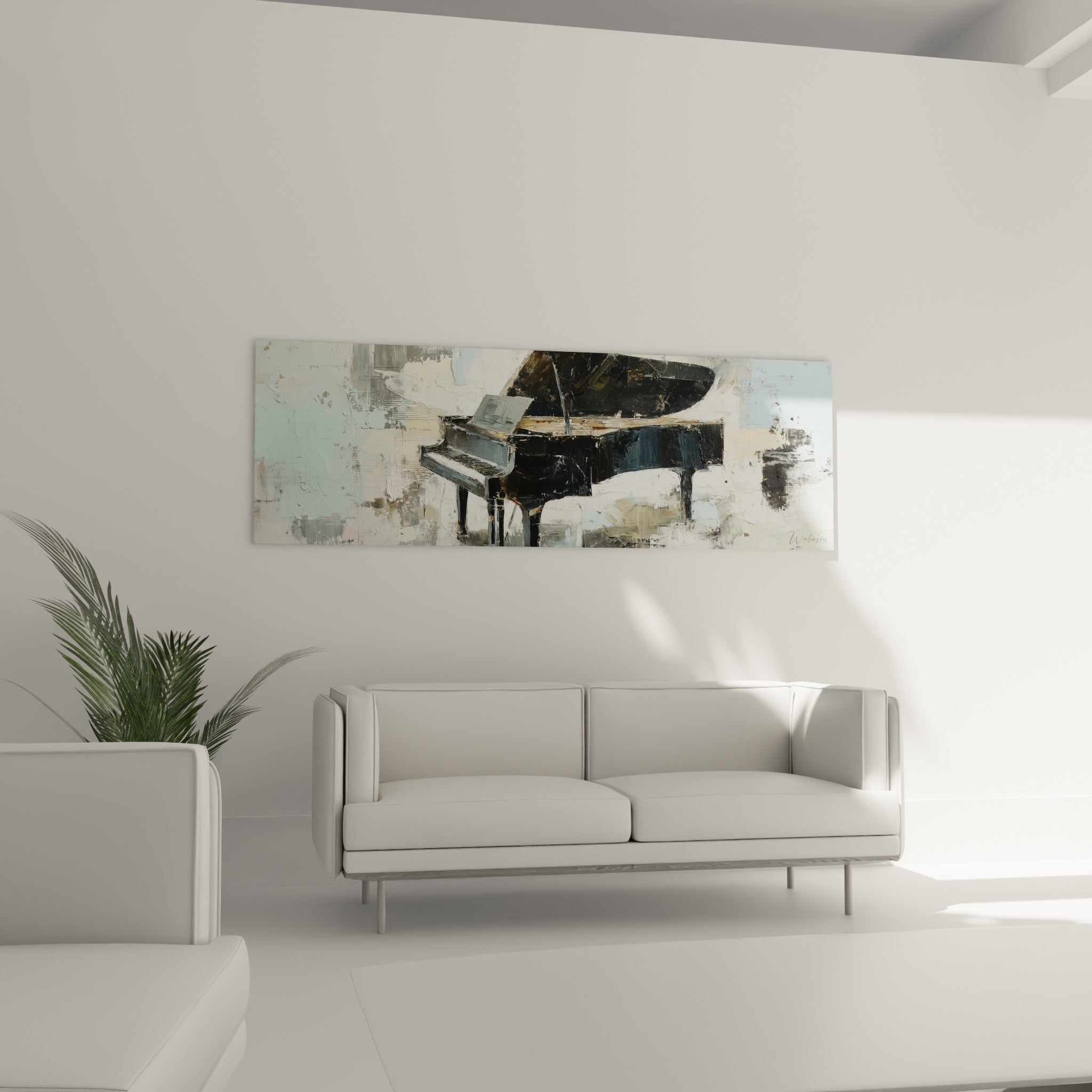 Instrument à queue sombre sur fond gris et bleu délavé, au-dessus d'un canapé dans un salon lumineux