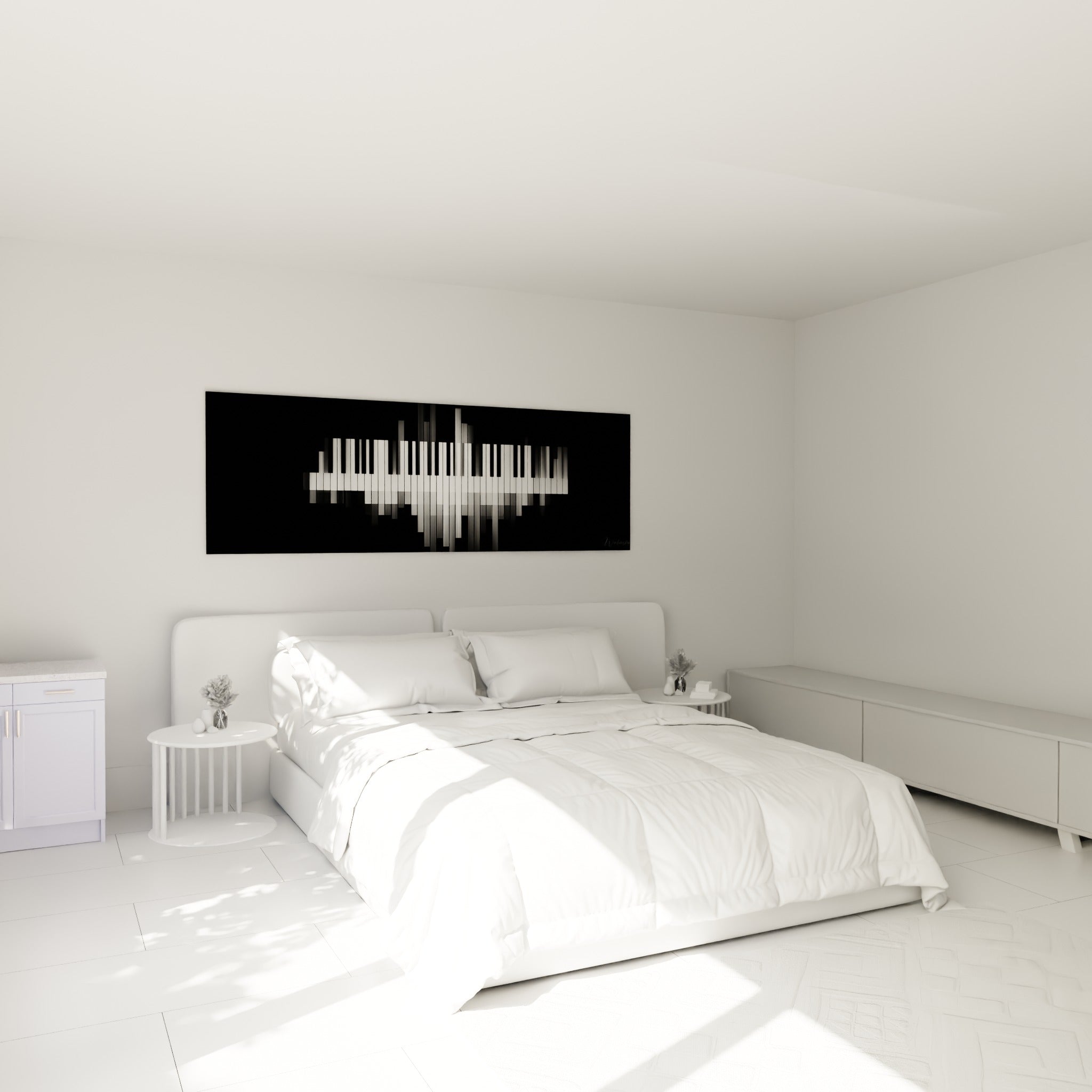 Touches de piano noires et blanches en reflet vertical, accrochées au-dessus d'un lit dans une chambre claire