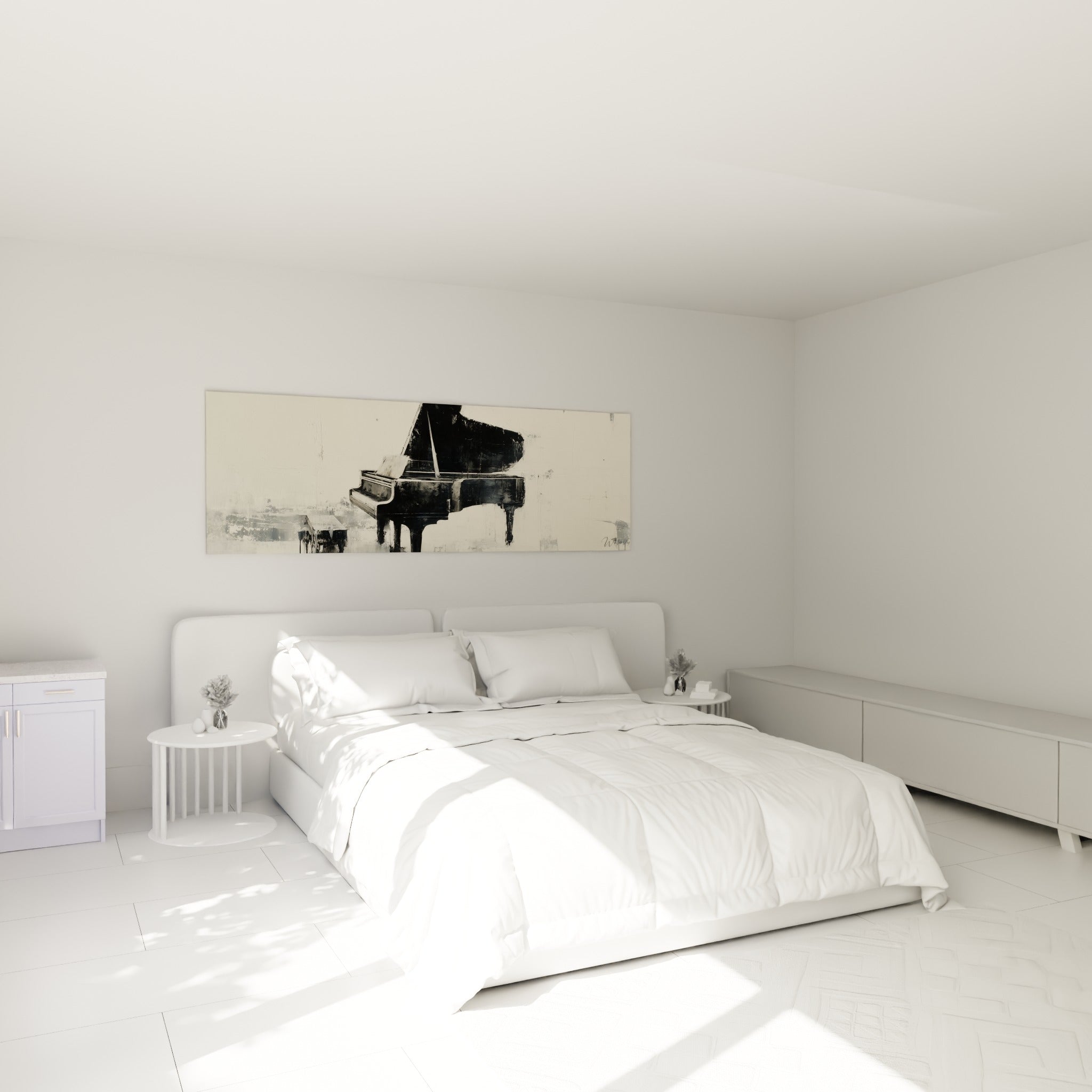Instrument noir et blanc traité en larges empâtements, accroché au-dessus d'un lit dans une chambre claire
