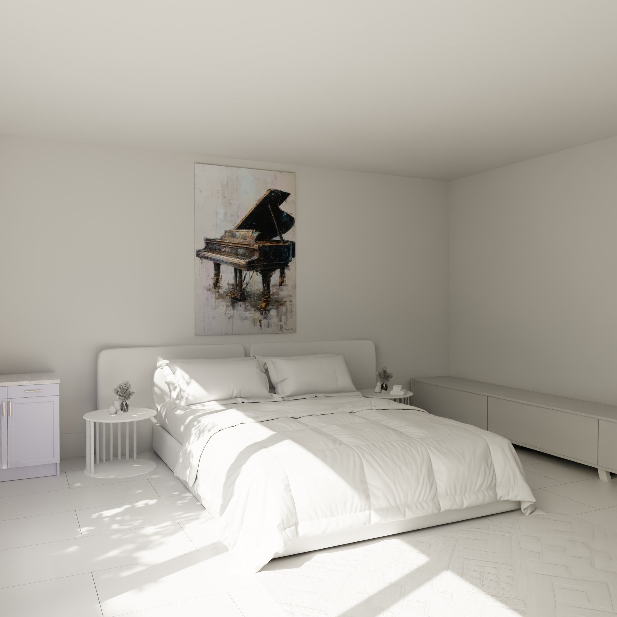 Instrument noir aux détails dorés et clavier ivoire, accroché au-dessus d'un lit dans une chambre claire