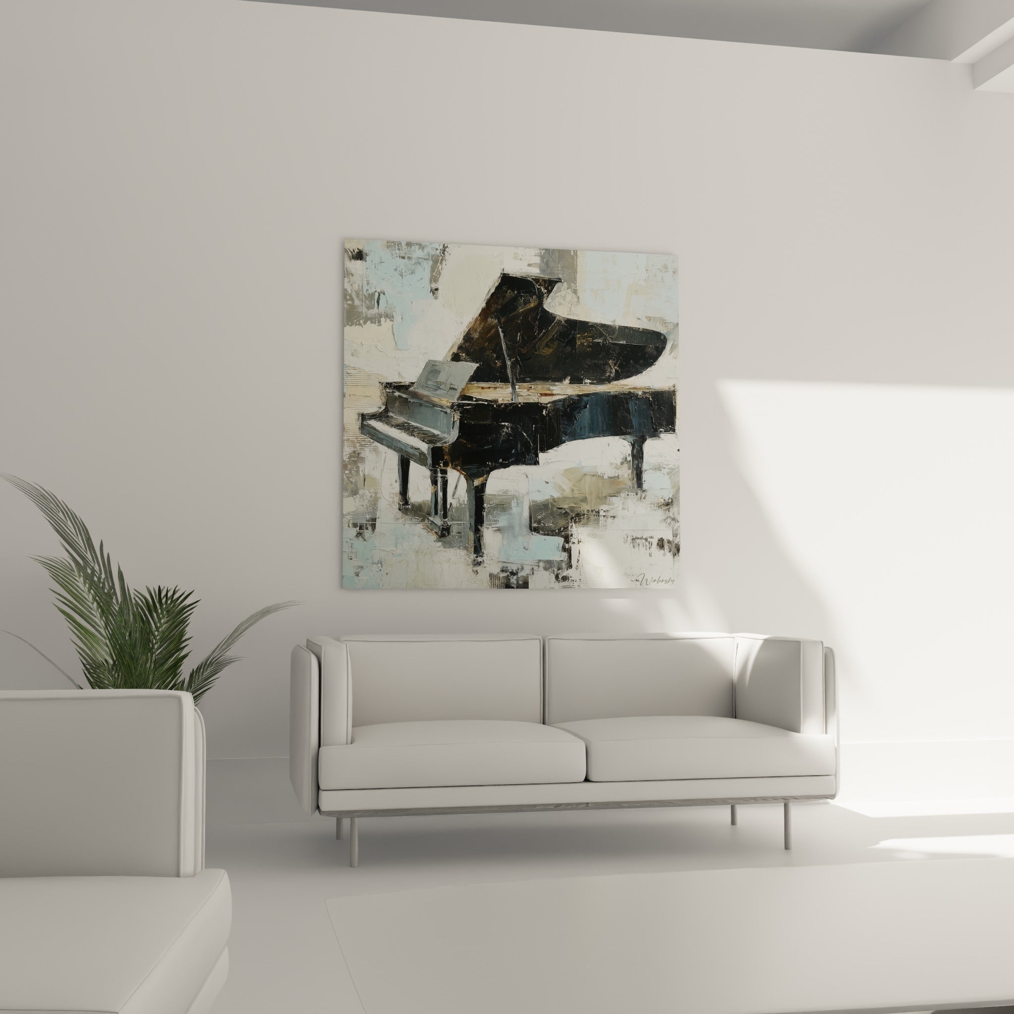 Piano à queue anthracite et ivoire aux reliefs marqués, au-dessus d'un canapé dans un salon lumineux