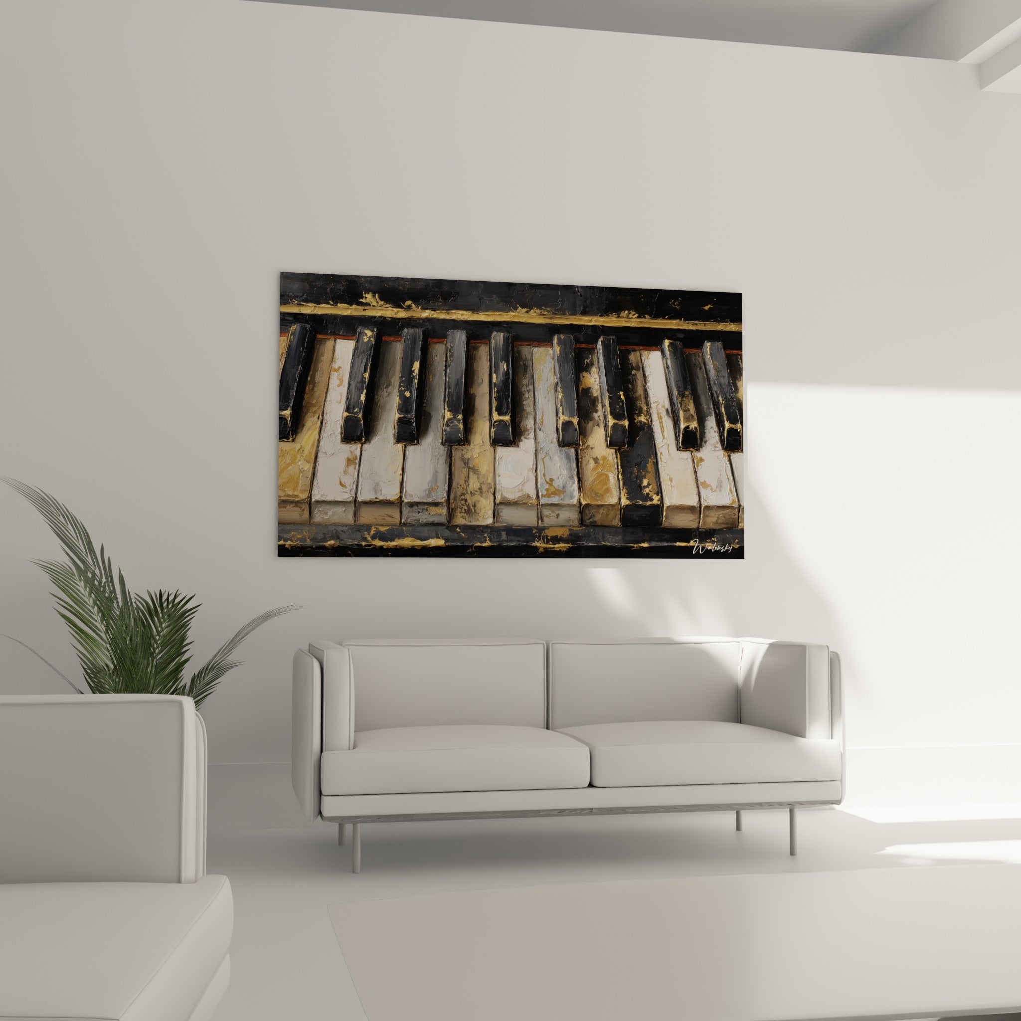 Clavier de Musique aux reflets ocre et anthracite, au-dessus d'un canapé dans un salon lumineux