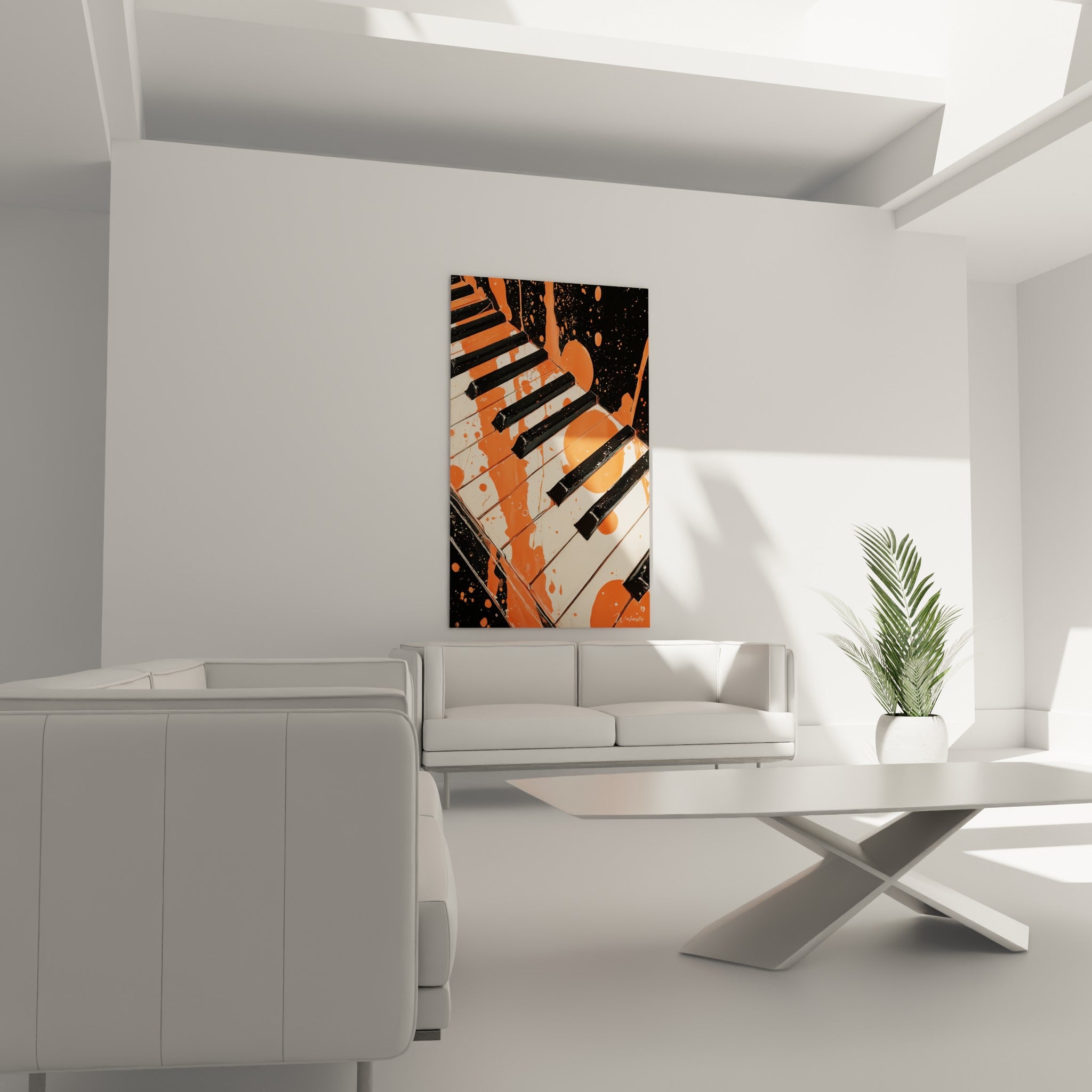 Touches de piano noir anthracite maculées d'orange éclatant, accrochées au-dessus d'un canapé dans un salon lumineux